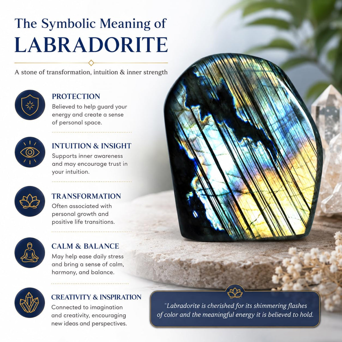 WHAL&YUNE 2.2-2.6lb Natural Labradorite Polished Stone, Gemstones Large Size Labradorite Stone Collectible Figurines with Vibrant Blue Flash for Healing, Meditation, Home Decor 1PC
