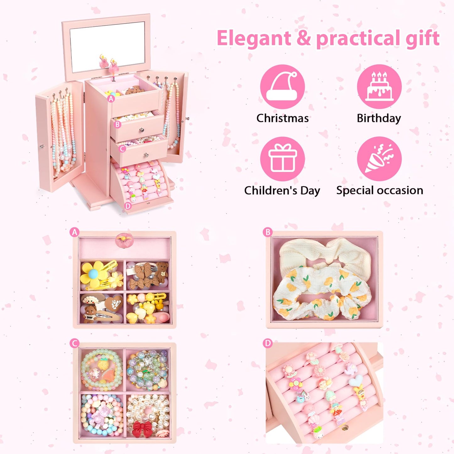 Emfogo Musical Jewelry Box for Girls, Large Kid Music Box with Ballerina for Birthday Bedroom Decor, 5 Layer Girl Jewelry Gifts for Girls Kids - Pink