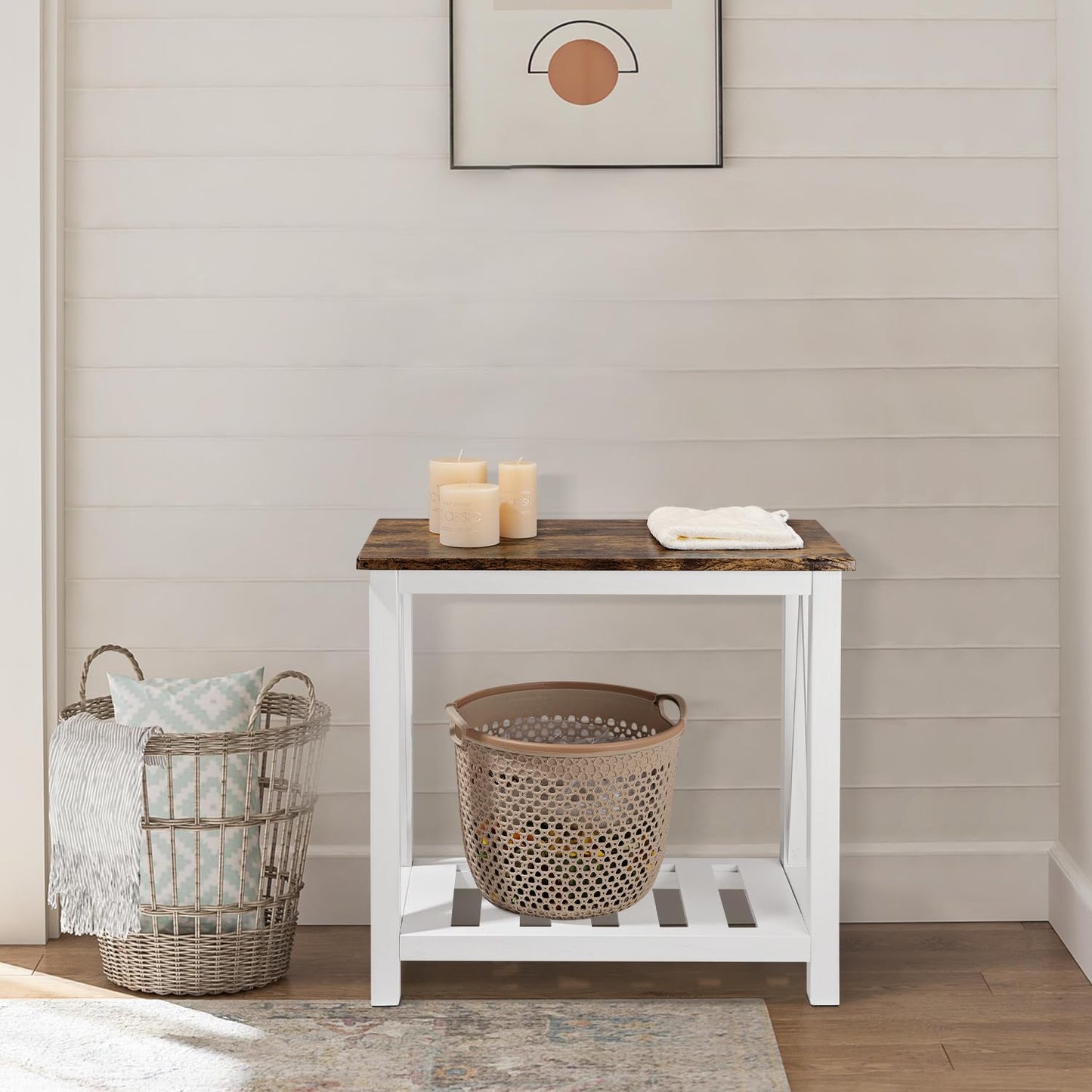 FEUFOAM Narrow End Table Rectangular Side Tables for Small Spaces Wood Framed Night Stands Sofa Bedside Table for Living Room Brown Smooth Tabletop Industrial Accent Furniture for Bathroom Bedroom