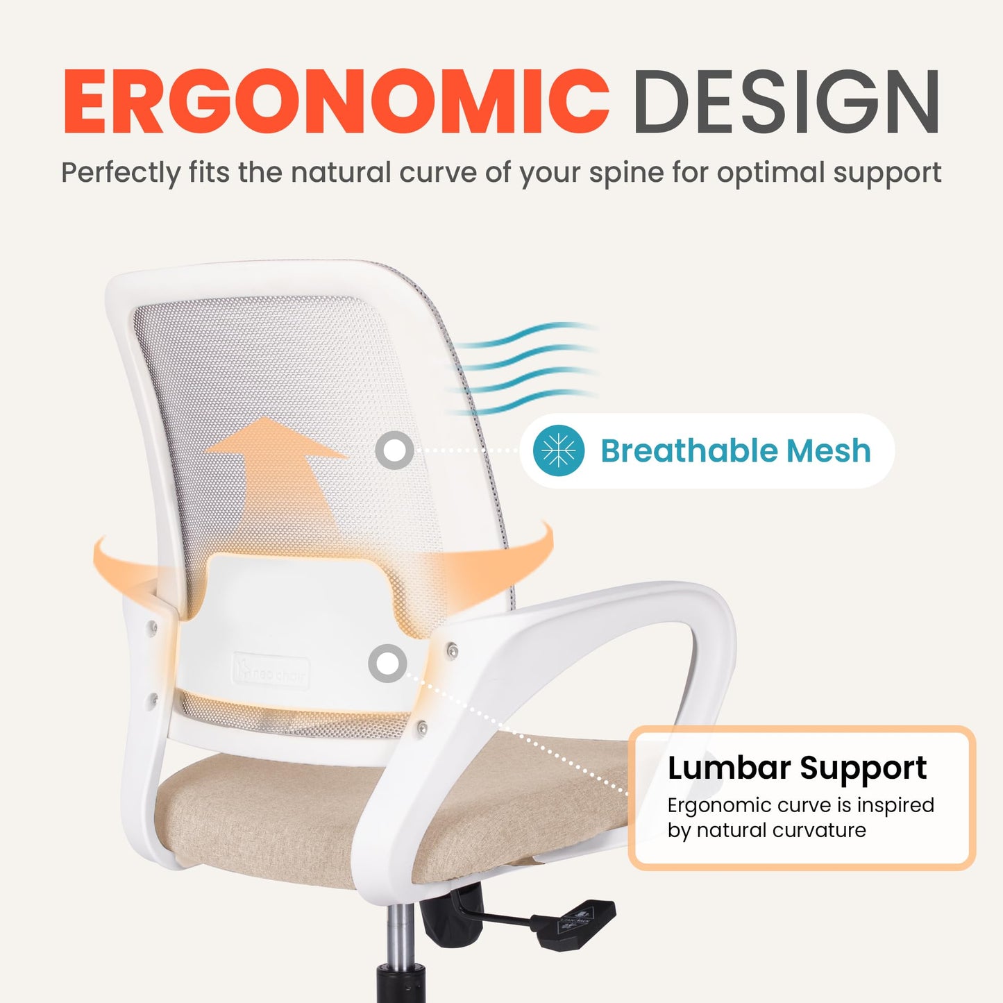 NEO CHAIR Office Desk Ergonomic Computer Mesh Chair with Lumbar Mid Back Support Adjustable Height Swivel Rolling Wheels Comfy Task Vanity Chair for Home Bedroom Study (Beige)