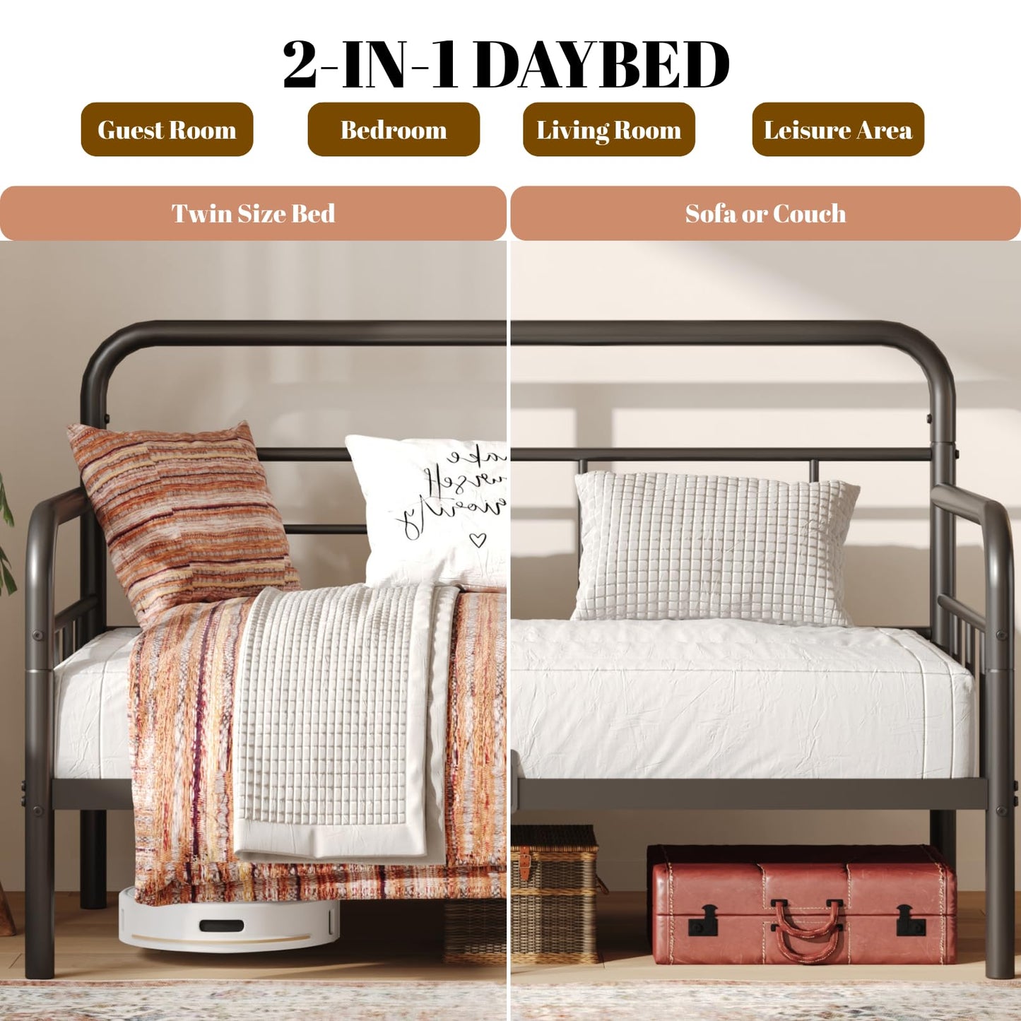 Yumenonaka Twin Daybed,Metal Sofa Day Bed Frame,Steel Slats Support for Bedroom Guest Room,Easy Assembly,Sturdy,Anti-Slip,Storage Space Bed Furniture,with Modern Headboard,Black