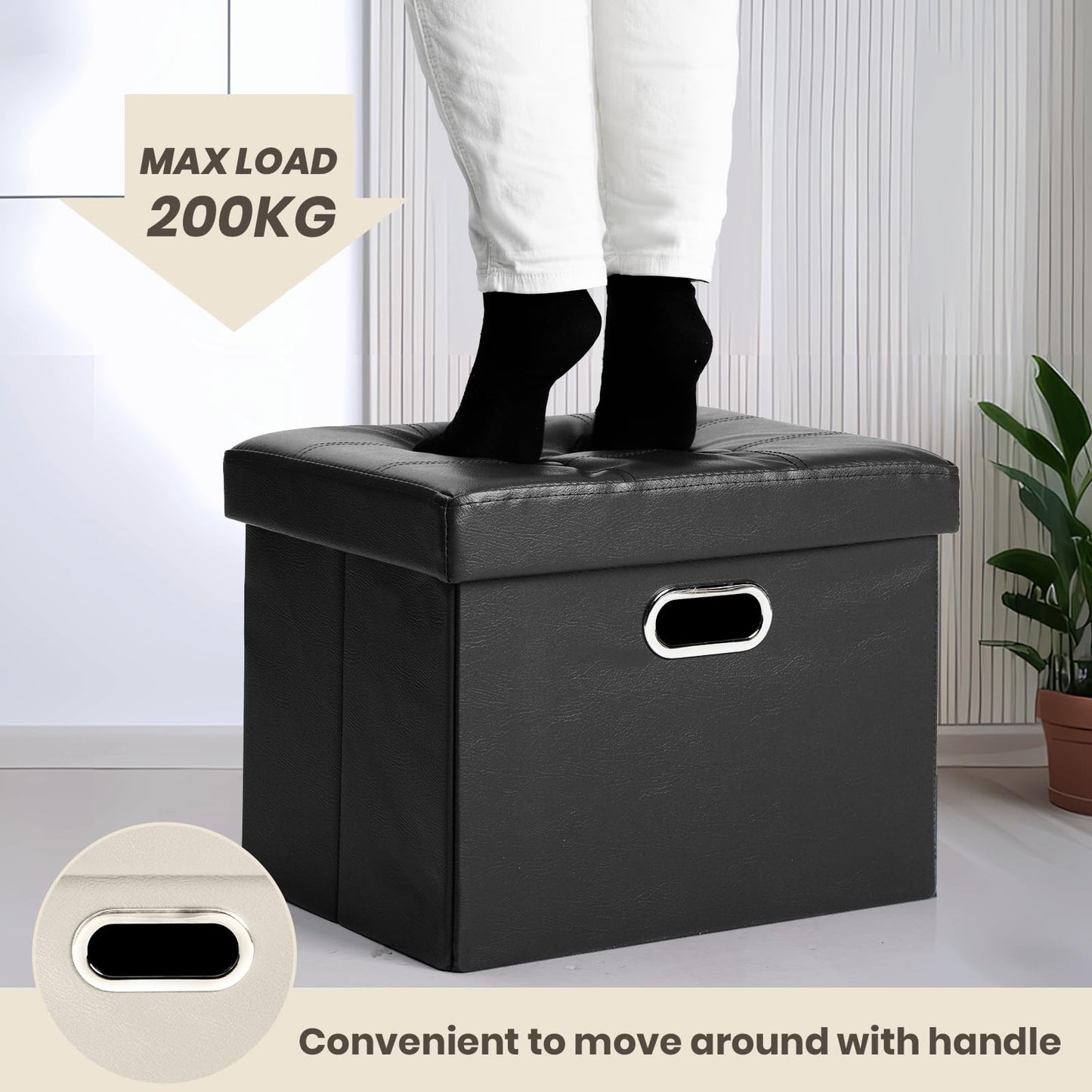 COSYLAND Ottoman with Storage Folding Leather Ottoman Footrest Foot Stool Black Ottoman for Room Small Rectangle Collapsible Bench Furniture with Handles Lid Toy Chest 17x13x13in