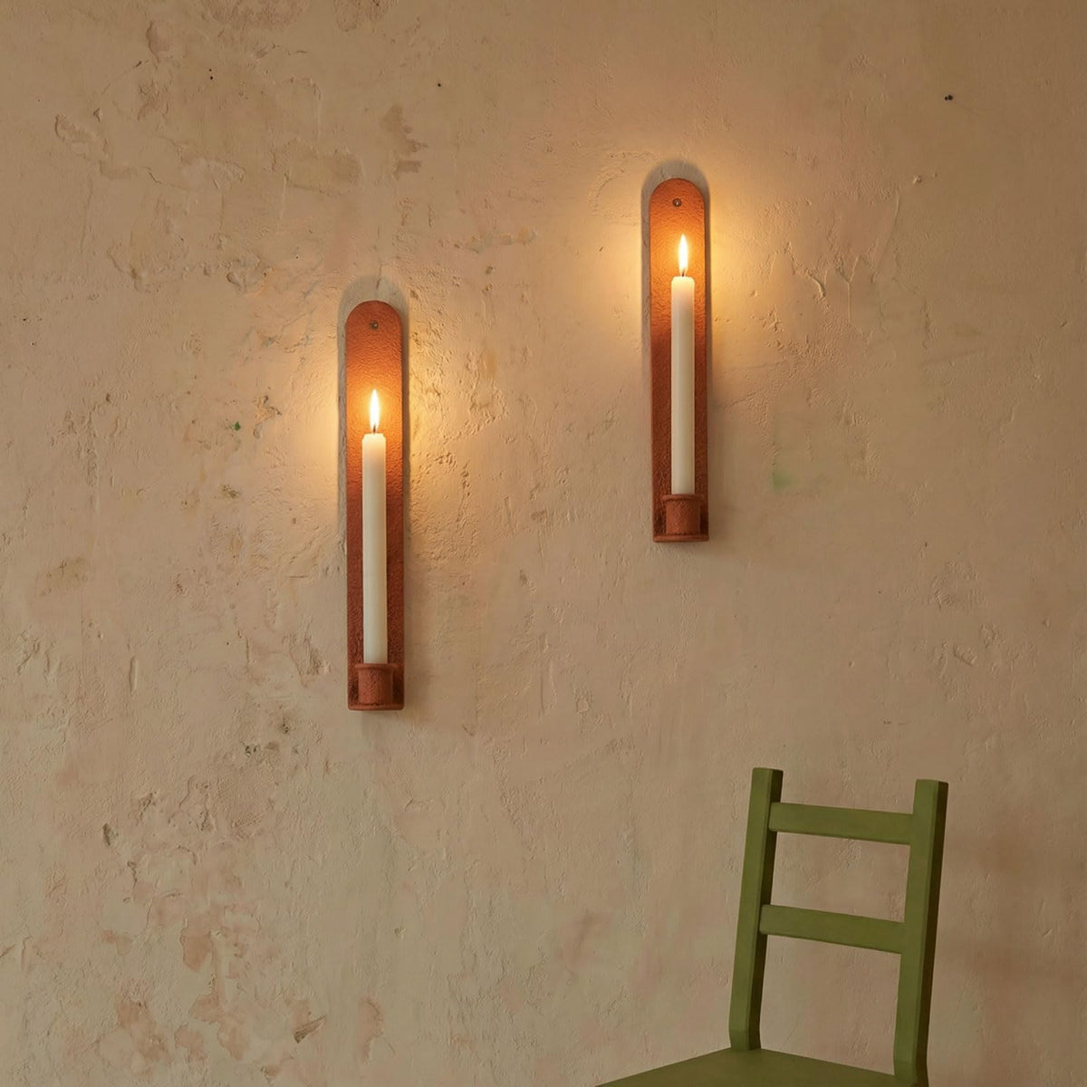 AimtoHome Wall Candle Sconces Set of 2, Classic Iron Farmhouse Holders for Taper Candles, Rustic-Textured Powder-Coated Wall Mounted in Orange for Living Room, Hallway Decor