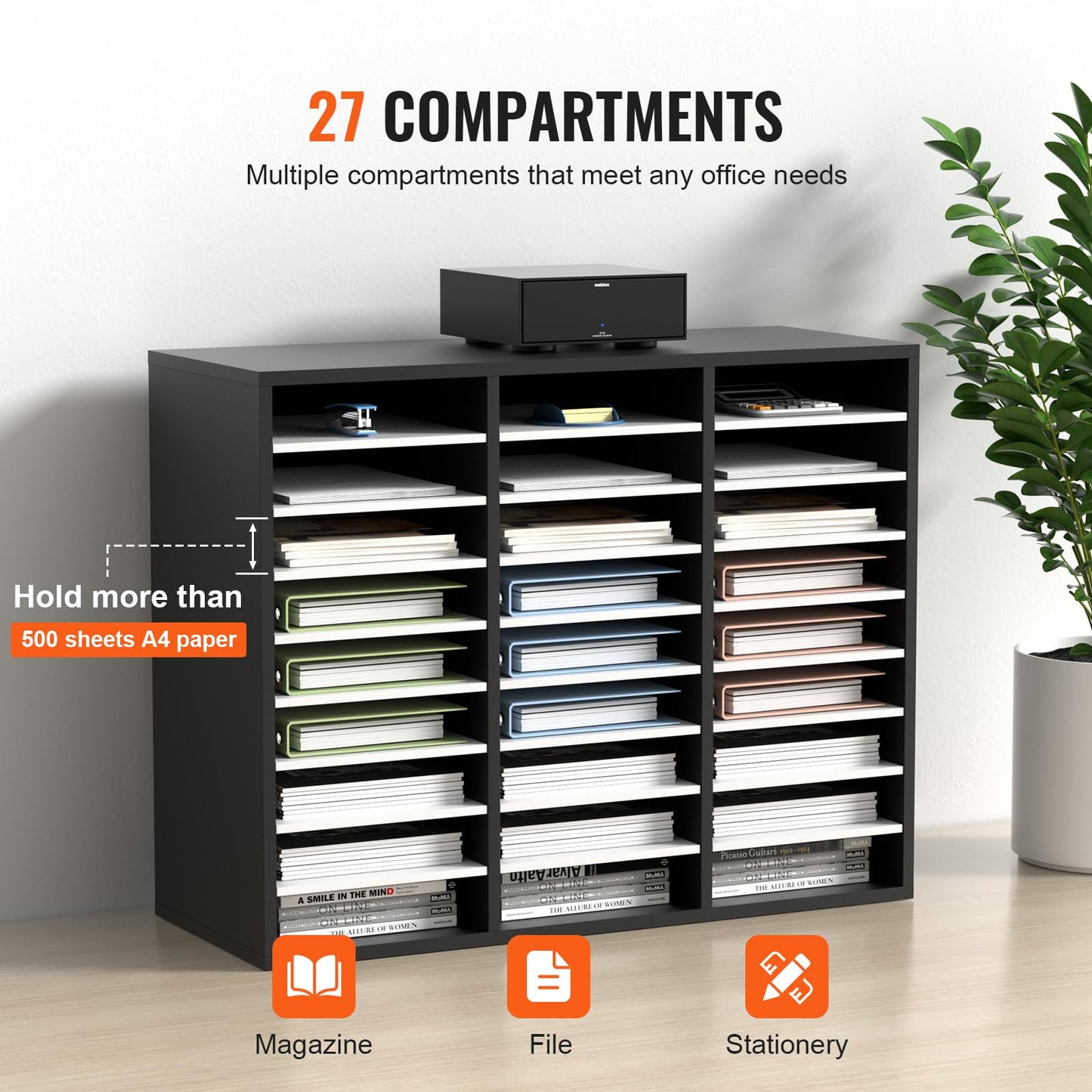 VEVOR 27 Compartments Wood Literature Organizer, Adjustable Shelves, Medium Density Fiberboard Mail Center, Office Home School Storage for Files, Documents, Papers, Magazines, Black+White