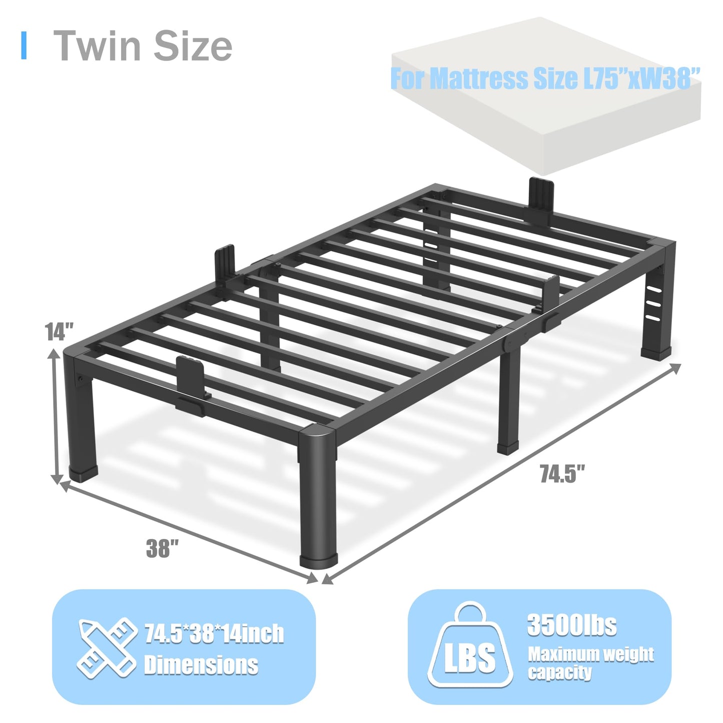 Yitong Angel 14 inch Twin Bed Frame with Rounded Corner Legs and Headboard Hole Mattress Slide Stopper 3500 LBS Heavy Duty Support Metal Platform,No Box Spring Needed, Noise Free, Easy Assembly