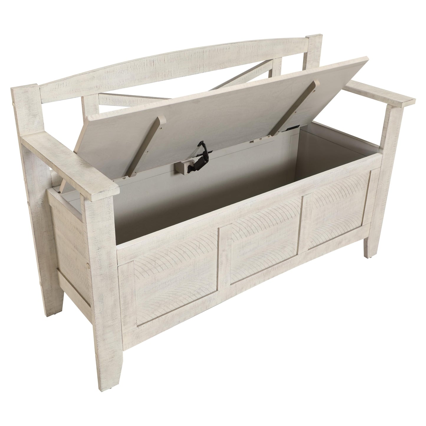 OSP Home Furnishings Metro Entry Way Storage Bench with X-Back, Distressed White Finish