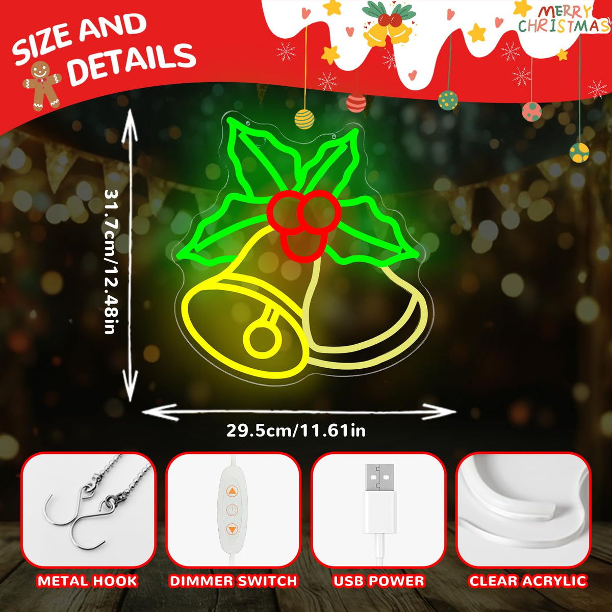 hhuohuona Christmas Bells Neon Signs for Wall Decor Dimmable Neon Christmas Sign Flashing Bell with Holly Led Sign Xmas Light Up Sign Led Window Lights for Home Party