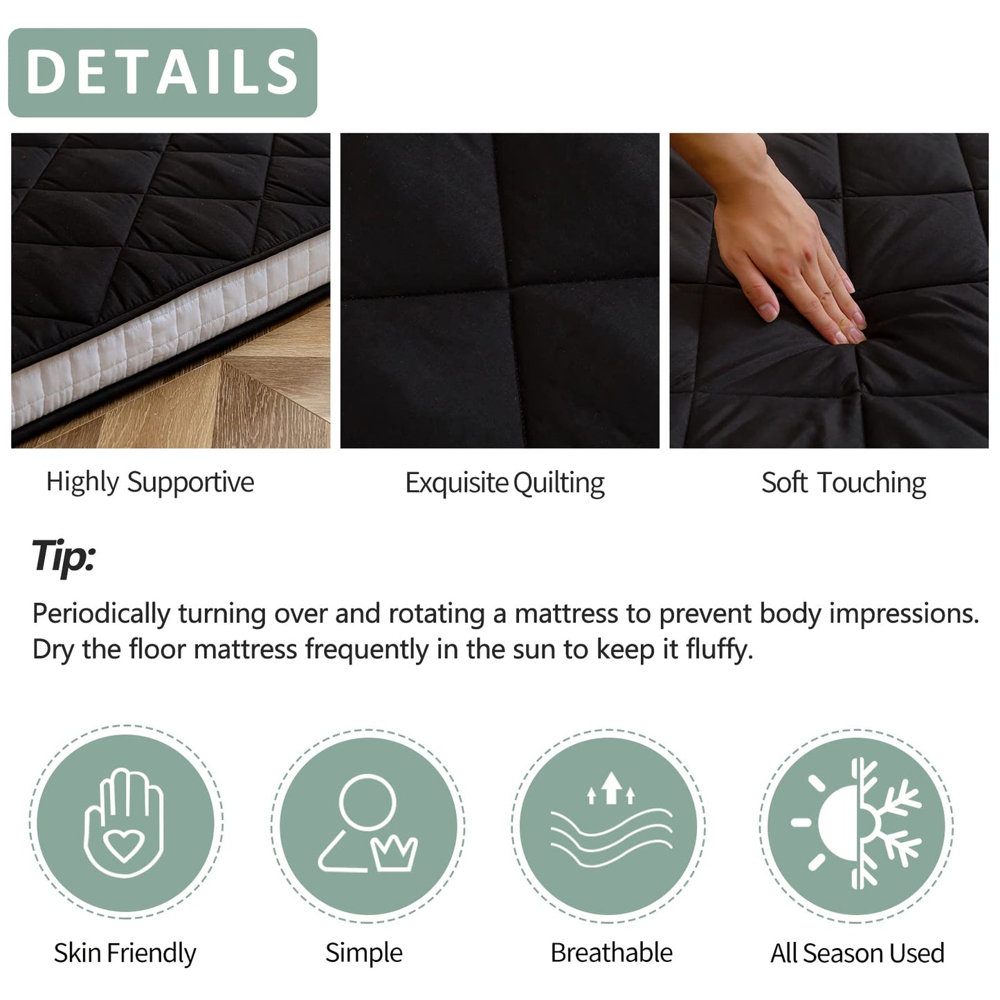 MAXYOYO Japanese Floor Futon Mattress Full Size, Floor Futon for Adults, Roll Up Folding Mattress, Diamond Patterned Japanese Futon Mat, Black
