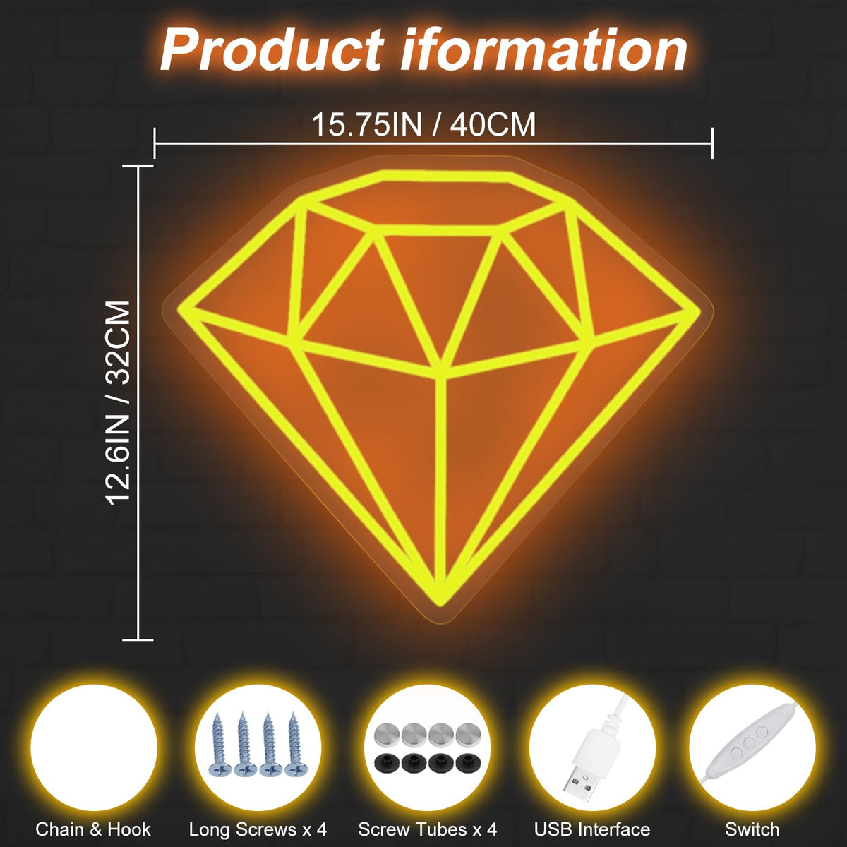 Diamond Neon Sign for Wall Decoration, Glowing Neon Sign, Adjustable Brightness Shining LED Sign Night Light for Man Cave Bedroom, Wedding, Living Room, Party, Bar, Office Decoration-Gold