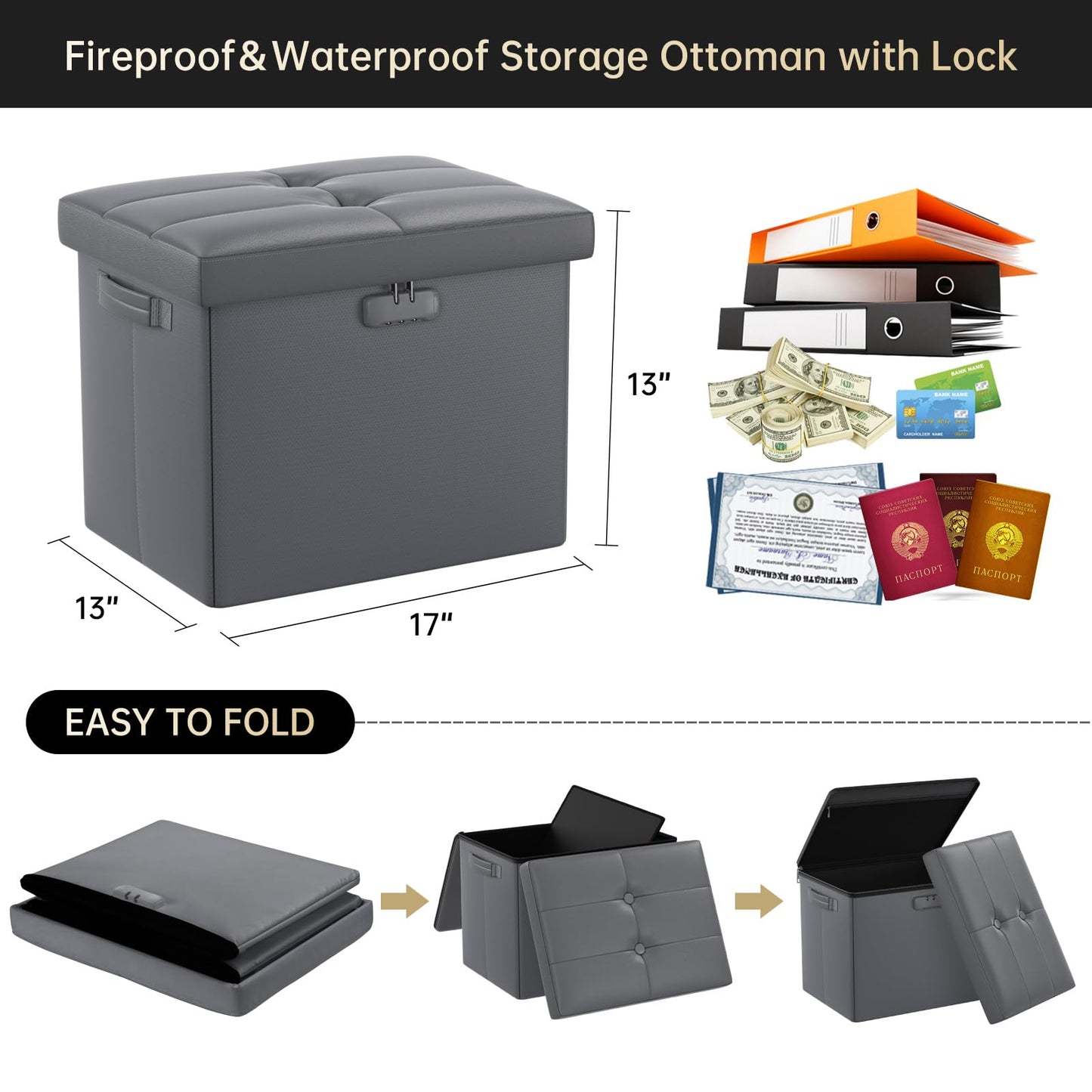 DocSafe Storage Ottoman with Lock,Fireproof Folding Ottoman Foot Rest Stool Storage Chest with Storage Safe for Important Documents,Waterproof 17 Inches Short Ottoman Foot Stool with Handles,Grey