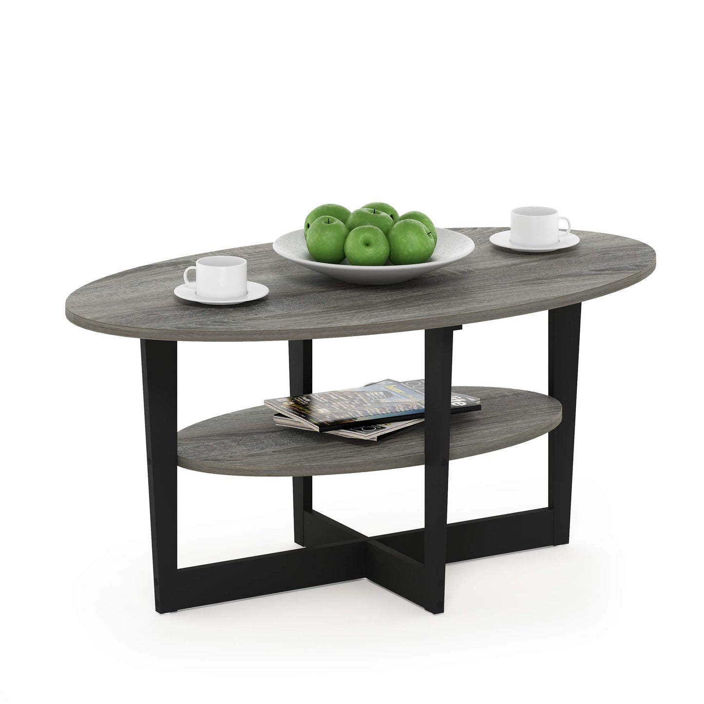 Furinno Jaya 2-Tier Round Coffee Table, Small Grey Coffee Table with Storage Shelf, Oval Center Table for Living Room, Bedroom, Home Office, Grey Oak