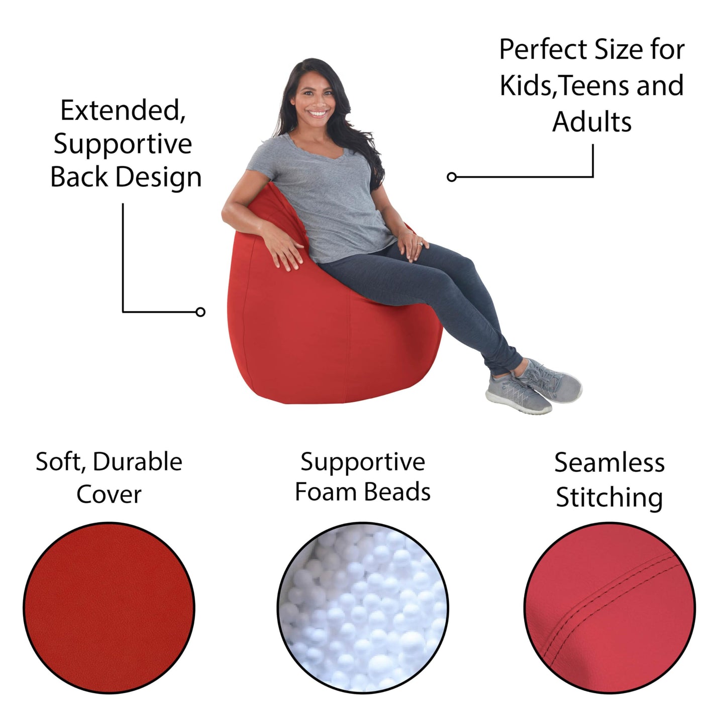 FDP SoftScape Dew Drop Bean Bag Chair with Supportive High-Back Design, For Kids, Teens and Adults, Alternative Seating for Dorms, Schools, Libraries, Daycares or Home - Red