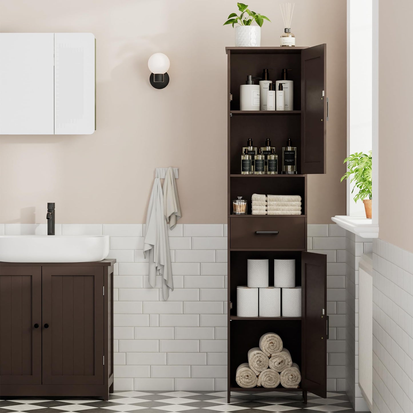 Homhedy 67" H Tall Bathroom Storage Cabinet with 2 Barn Doors and 1 Drawer, Narrow Storage Unit, Adjustable Shelves, Floor Cabinet for Bathroom, Living Room, Entryway, Kitchen, Brown, (15.7" W)