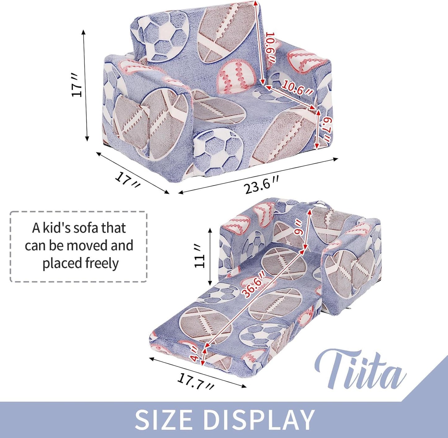 Tiita Kids Sofa, 2-in-1 Kids Sofa Chair, Convertible Toddler Couch to Lounger, Flip Out Baby Sofa Chair, Toddler Armrest Chair Bed, Folding Kid Play Sofa for Girl or Boy(Ball)