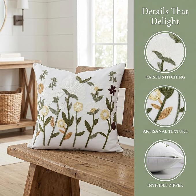 Neutral Floral Embroidered Throw Pillow Covers 20x20 Inch White Daisy Camel