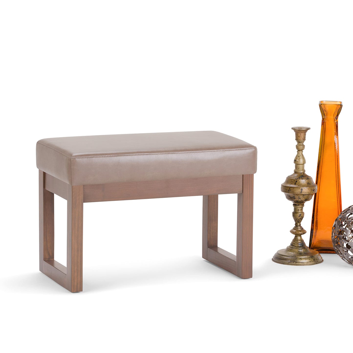SIMPLIHOME Milltown Small Ottoman Bench - 27" Wide x 18" High Upholstered Vegan Leather Rectangle Footstool Ottoman in Ash Blonde, Contemporary Bench for Living Room with Cushioned Seat, Assembled