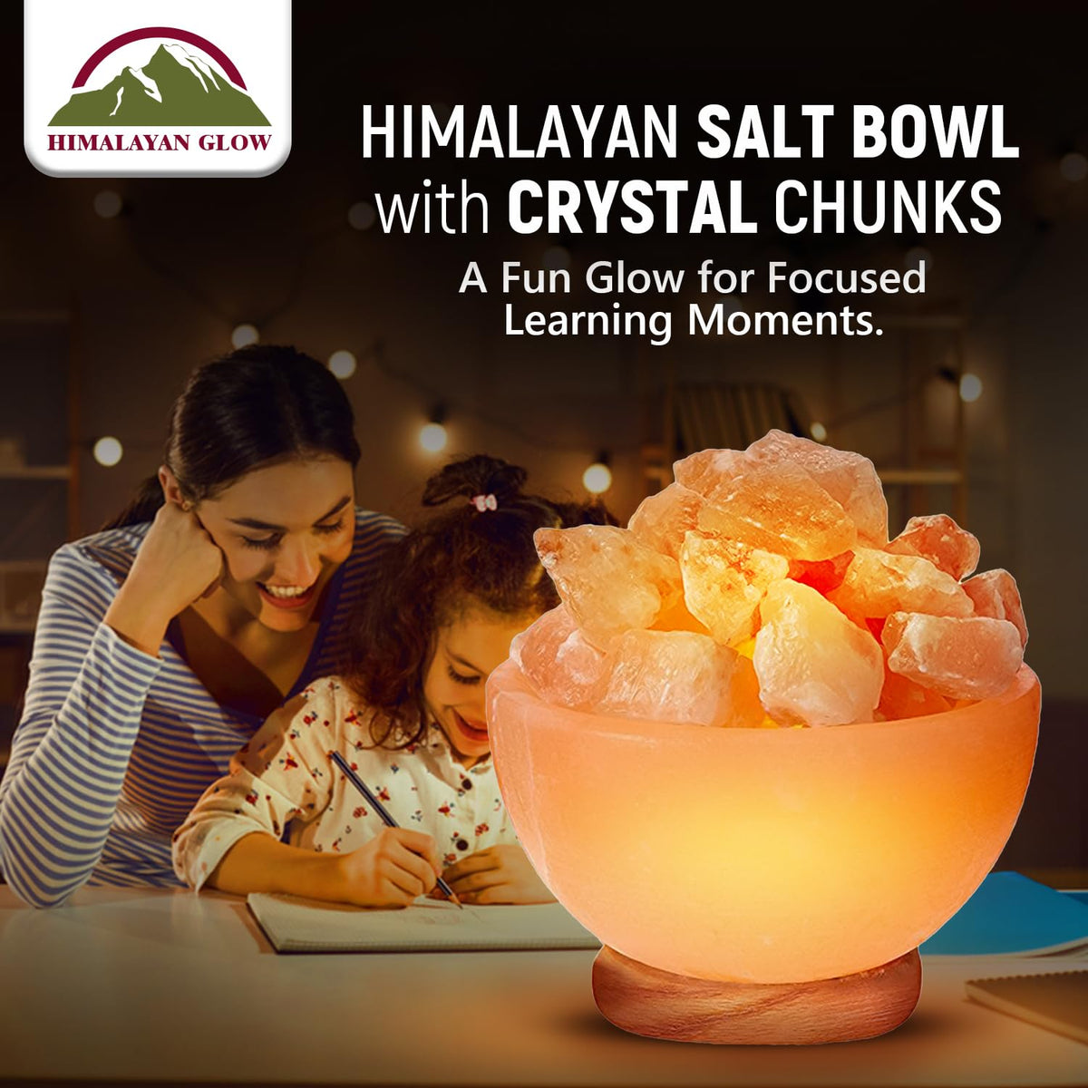 Himalayan Glow Natural Pink Salt Bowl Night Lamp with Crystal Chunks | Hand-Carved Himalayan Salt Lamp for Air Purification and Calming Ambiance
