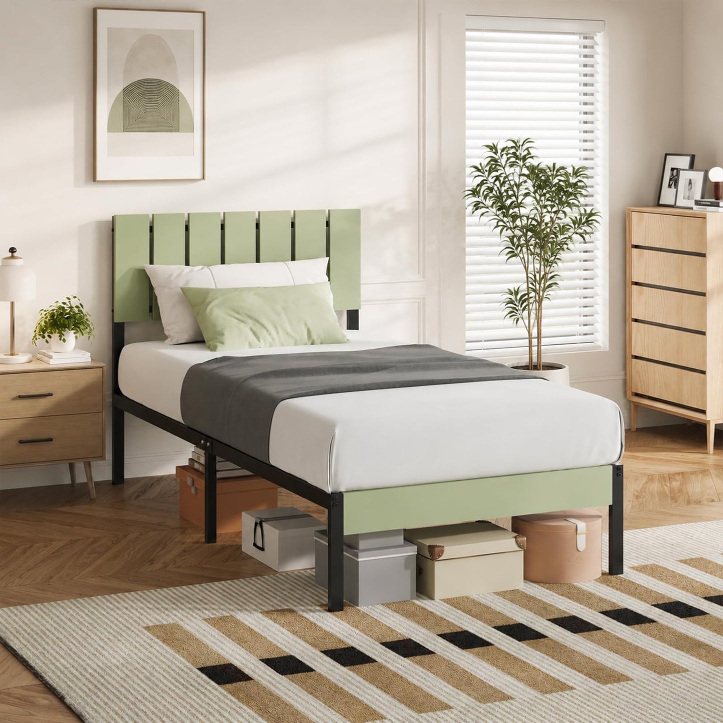 Novilla Twin Bed Frames with Wooden Slatted Headboard, Heavy Duty Scandinavian Metal Platform Frame, 800 LBS Capacity, No Box Spring Needed, Noise-Free & Under-Bed Storage, Easy Assembly