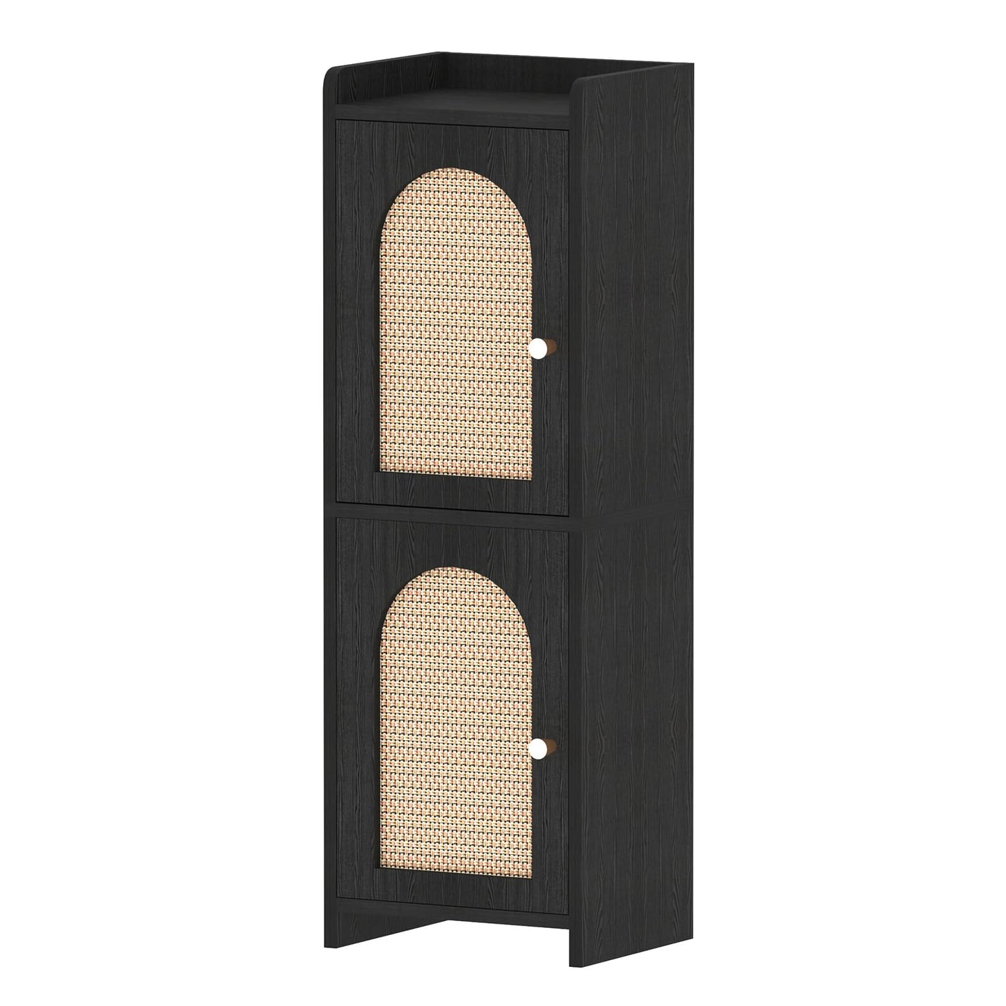 Rattan Bathroom Storage Cabinet,Corner Floor Cabinet with 2 Doors and Adjustable Shelf, Narrow Toilet Paper Cabinets with 2Hooks,Toilet Organizer for Small Spaces,7.87"D*9.84"W*29.72"H（Black）