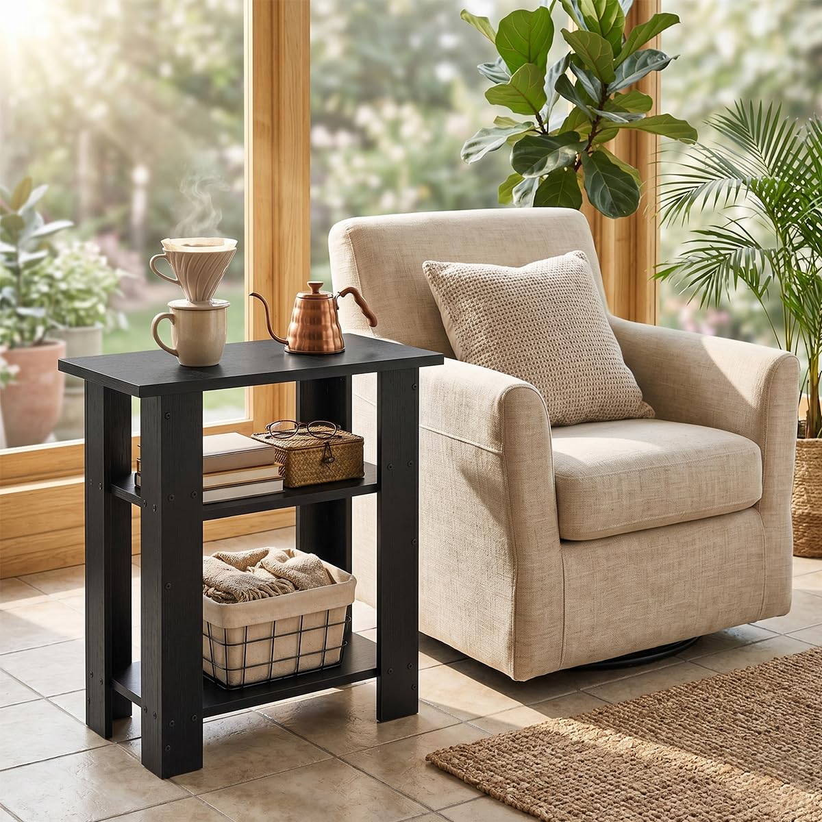ZEXVIDA Black Side Table, 3 Tier Narrow End Table for Living Room, Modern Wood Nightstand with Storage Shelves, Small Bedside Table for Bedroom, Home Office, Small Spaces, 22.8 Inch High