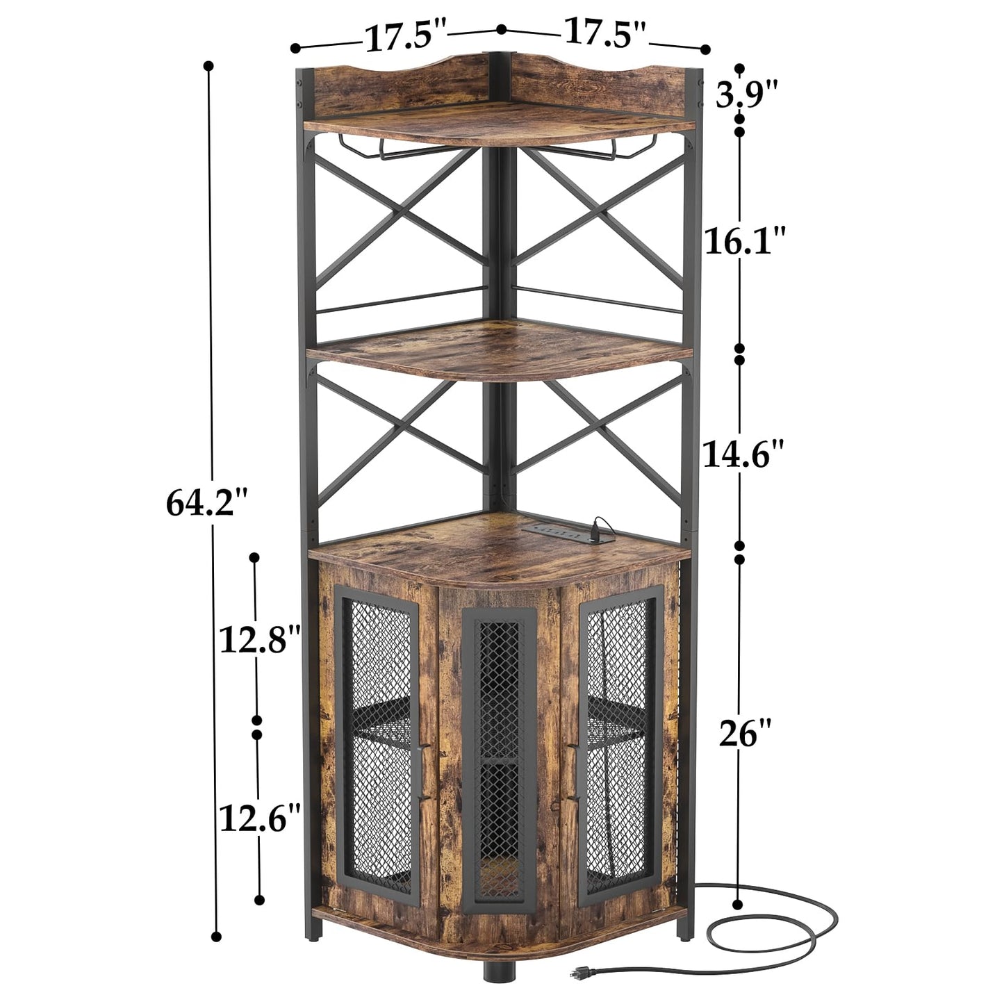 Aheaplus Corner Bar Cabinet with Power Outlet, Industrial Wine Cabinet with LED Strip and Glass Holder, 5-Tiers Liquor Cabinet Bar Unit for Home, Corner Display Cabinet for Small Space, Rustic Brown