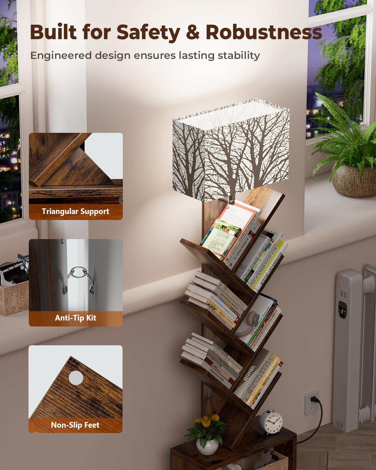 Evermagin Tree Bookshelf with Light, 6 Tier Small Bookcase, Narrow Floor Standing Book Tower Organizer with Storage Cabinet for Living Room, Bedroom and Home Office, Rustic Brown