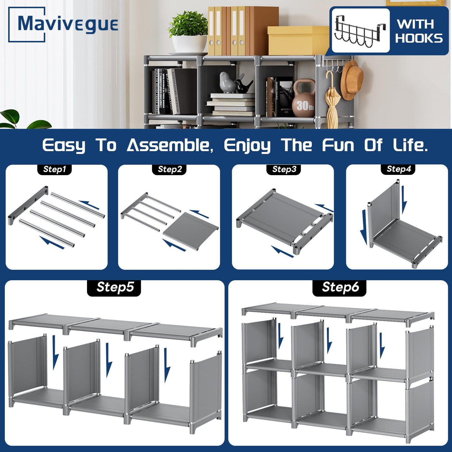 Mavivegue Book Shelf, 12 Cube Storage Organizer, DIY Bookcase, Metal Cube Bookshelf,Tall Book case for Bedroom, Living Room,Office,Closet Storage Organizer, Grey Cubicle Storage Rack