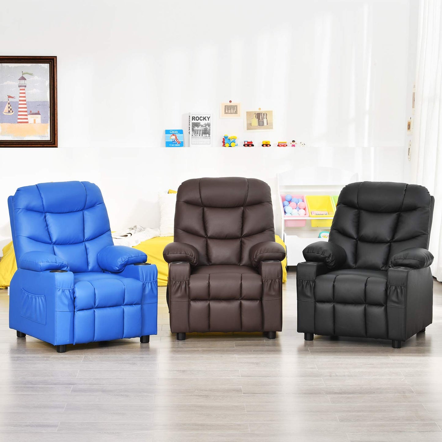 Costzon Kids Recliner Chair with Cup Holder, Adjustable Leather Lounge Chair w/Footrest & Side Pockets for Children Boys Girls Room, Ergonomic Toddler Furniture Sofa, Kids Recliner (Brown)