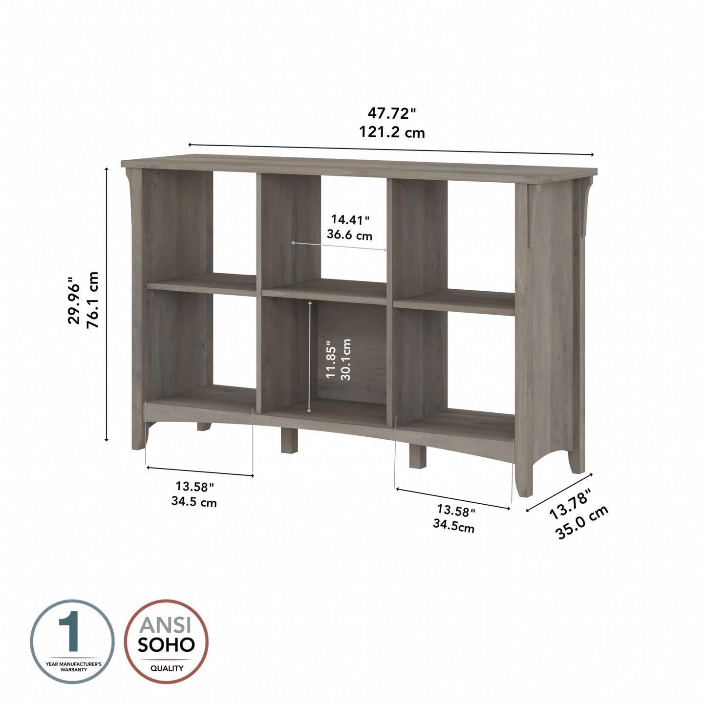 Bush Home Salinas 6 Cube Organizer in Driftwood Gray, Office Storage Solution, Home Organizer with Open Shelving, Compact Unit for Books and Supplies