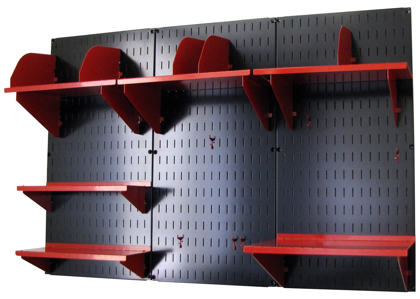 Wall Control Office Organizer Unit Wall Mounted Office Desk Storage and Organization Kit Black Slotted Wallboards and Red Accessories