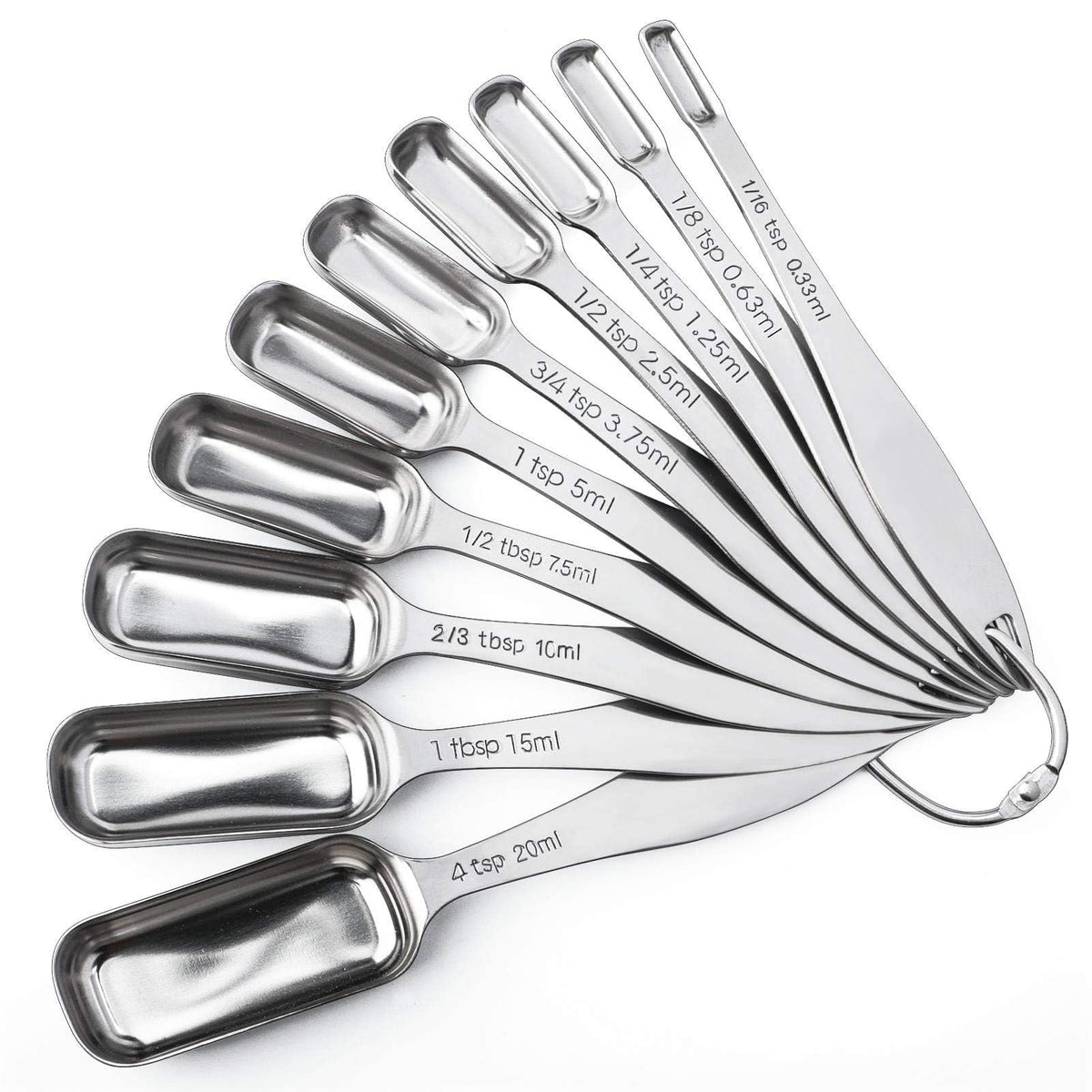 FANGSUN Narrow Measuring Spoons Set of 10, Heavy-Duty Stainless Steel Measuring Spoons with Long Handles & Engraved Measurements, Fits in Spice Jars, for Baking & Cooking