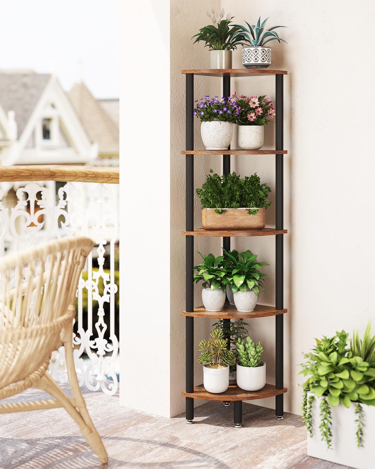 IBUYKE 5 Tier Corner Shelf Stand,Industrial Corner Display Rack,Corner Bookshelf for Living Room, Bedroom, Kitchen, Home Office, Brown WBC010H