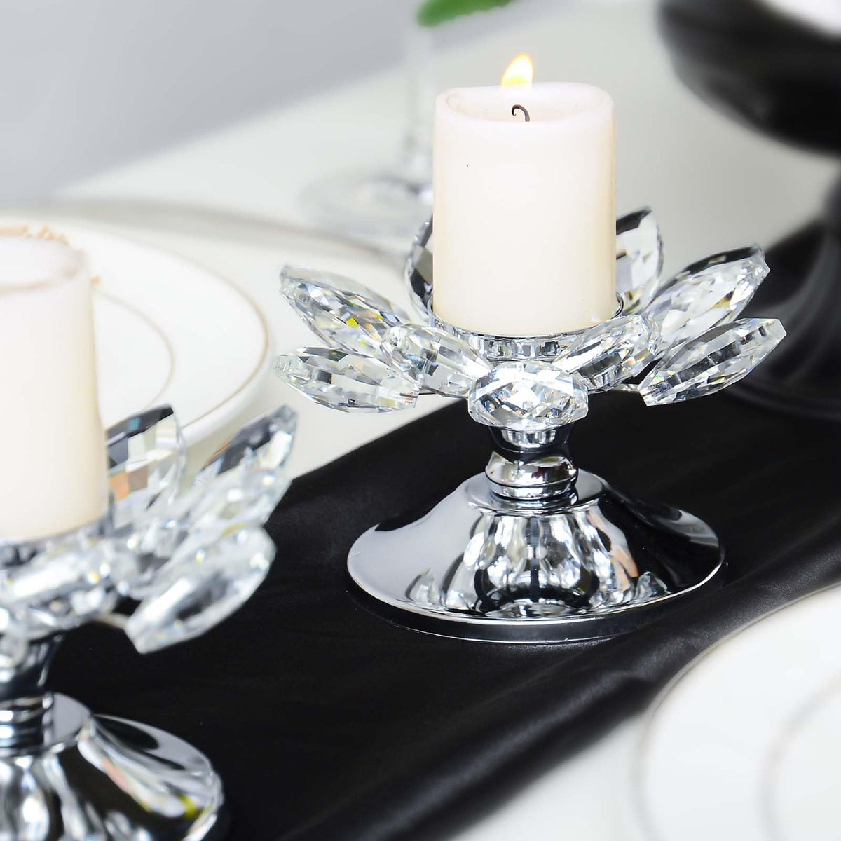1 PC Silver Crystal Flower Tea Light Holder, Glass Tealight Candlestick with Metal Base, Votive Candle for Table Centerpiece, Wedding/Parties Decor, Nice Gift