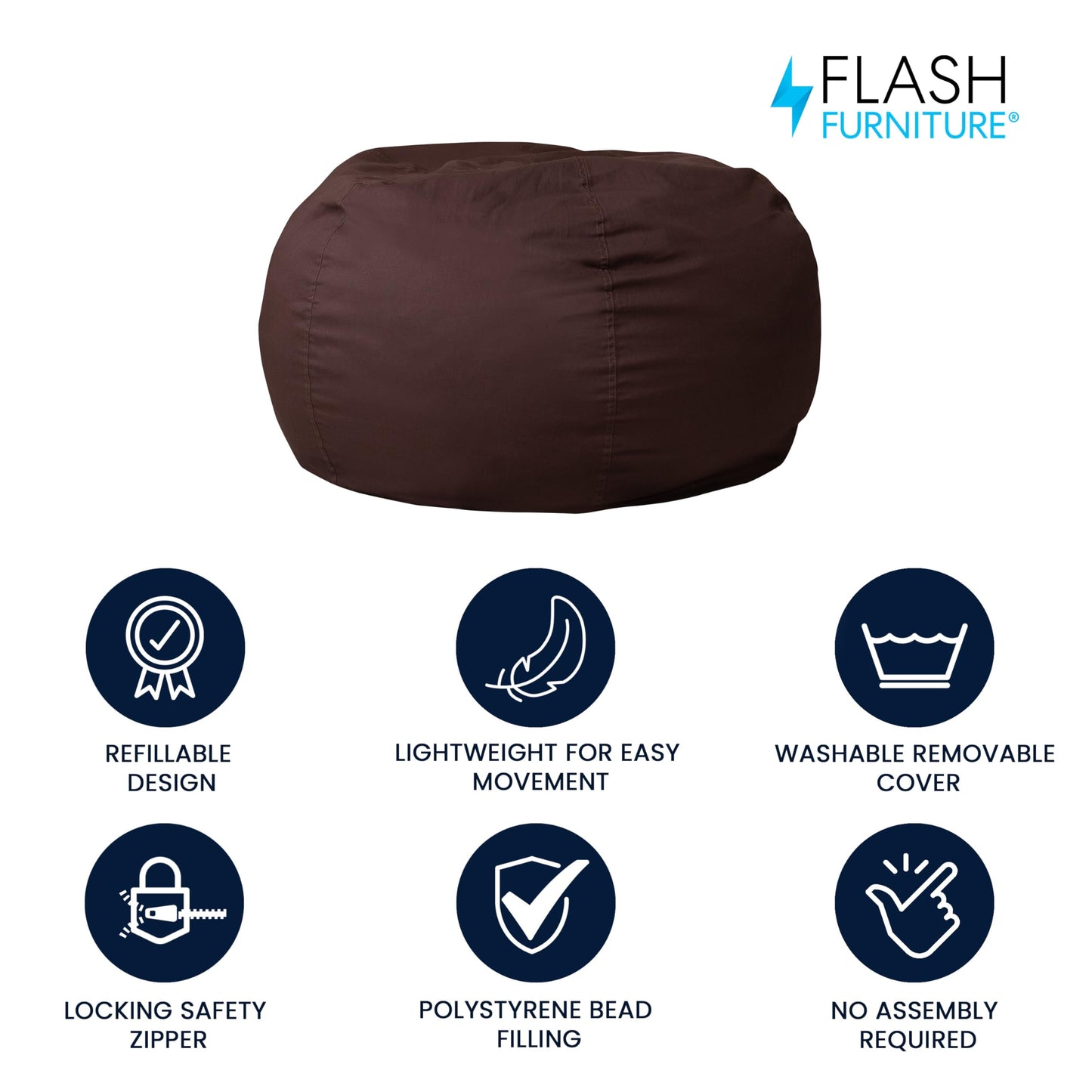 Flash Furniture Duncan Oversized Bean Bag Chair for Kids and Adults, Foam-Filled Beanbag Chair with Machine Washable Cover, Brown