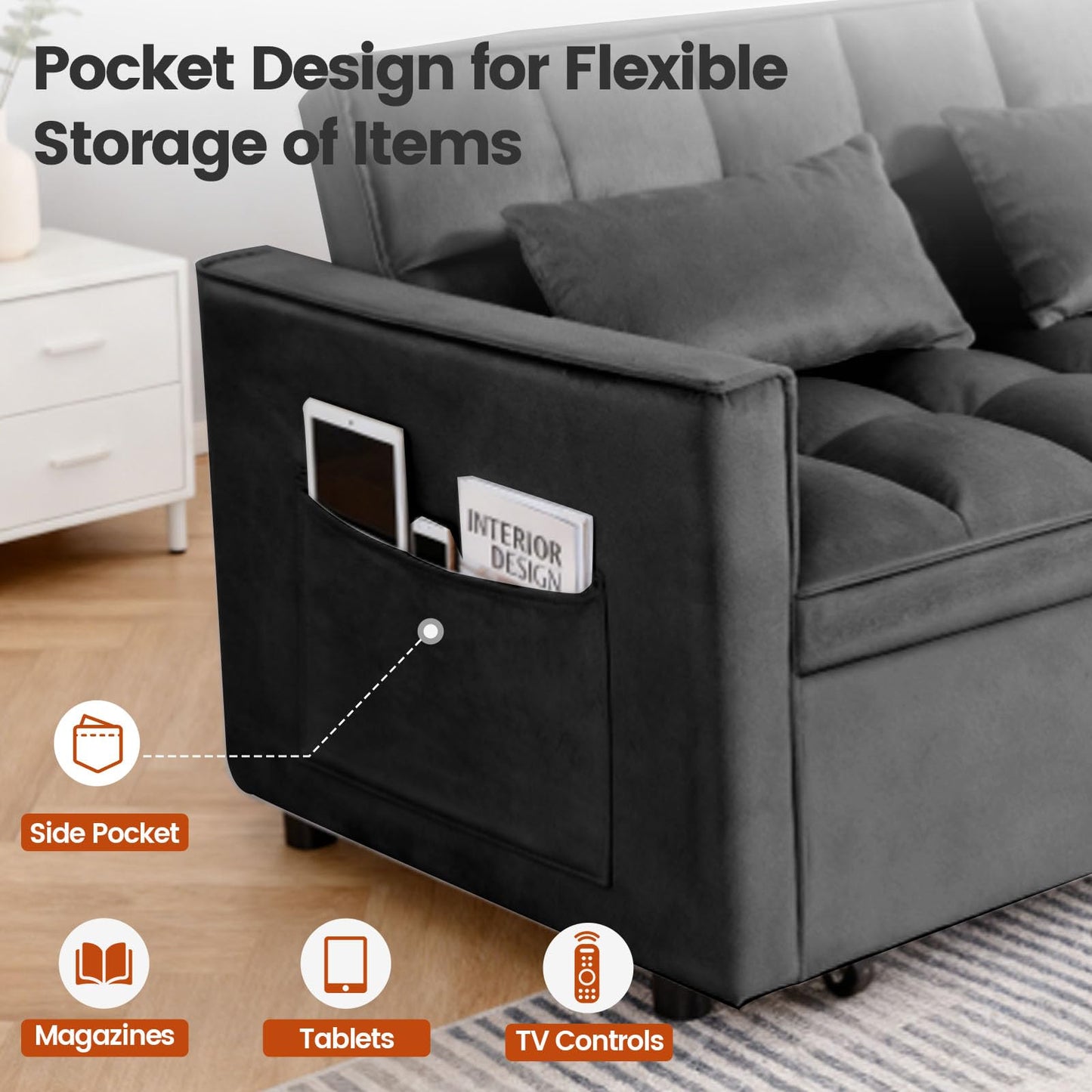 Trygoal 3 in 1 Sofa Bed, Loveseat Sleeper Sofa Bed with Side Pockets, Velvet Fabric Pull Out Couch with Adjustable Backrest for Living Room, Bedroom, Apartment, Black