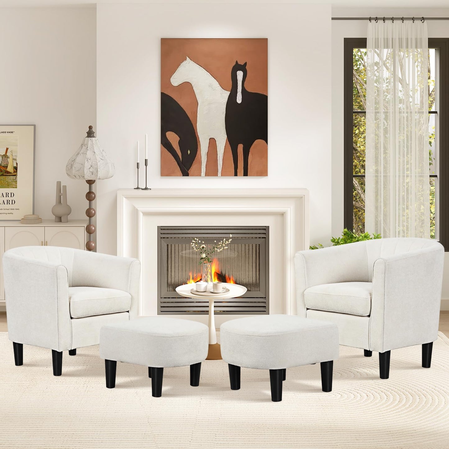 KOMFOTT Accent Chair with Ottoman, Upholstered Teddy Velvet Barrel Chair with Footrest, Comfy Club Sofa with Curved Backrest, Thick Seat Cushion, Modern Arm Chair for Living Room, Bedroom, Beige