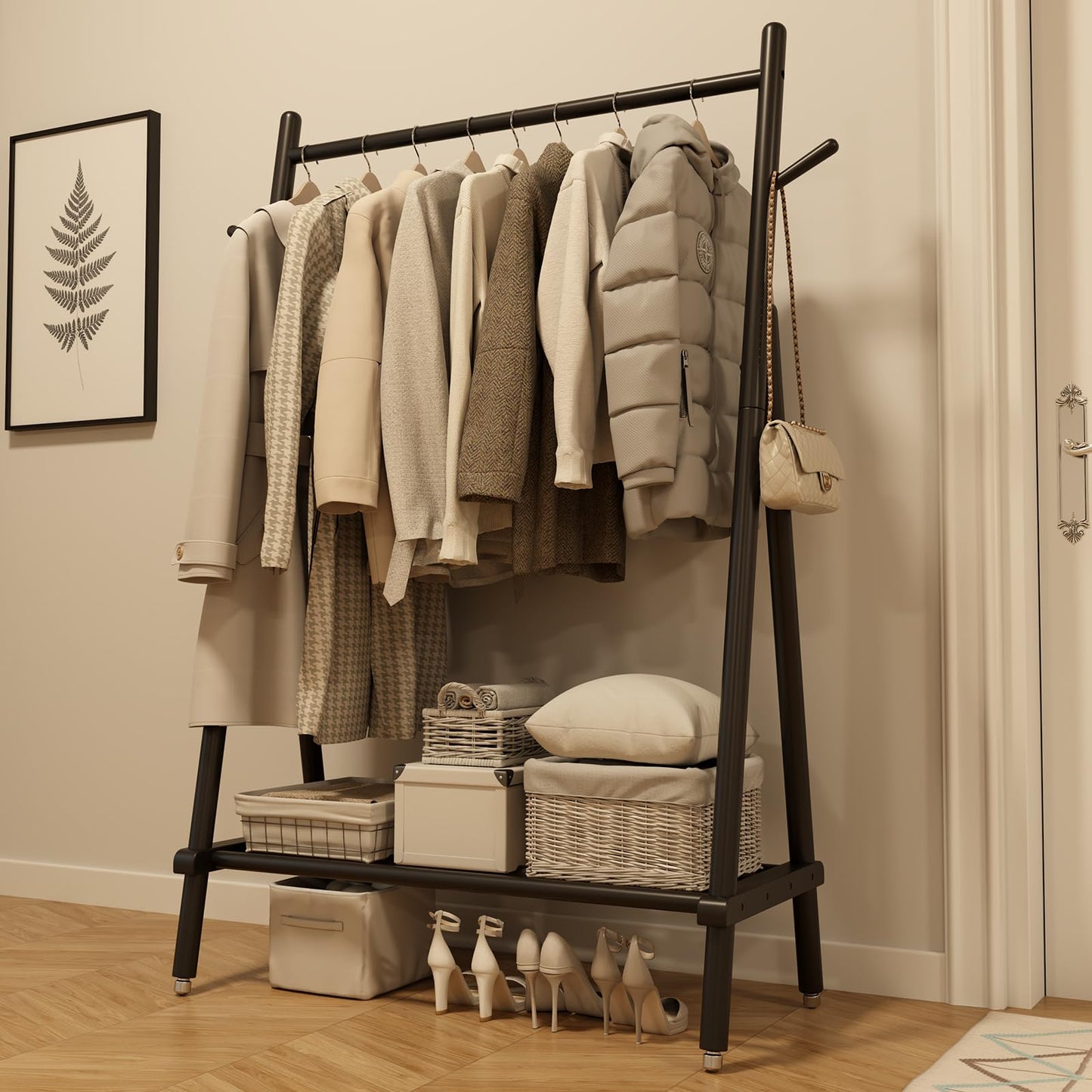 Muwuele Solid Wood Clothing Rack, Rolling Clothes Rack for Hanging Clothes, Garment Rack with Shelves Load 350 Lbs, Portable Closet Organizer on Wheels for Hanging Clothes (Black)
