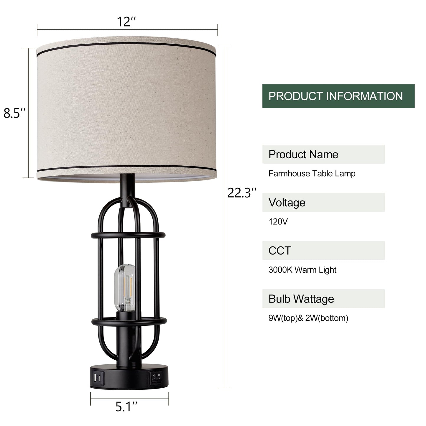 Reaketon Black Table Lamps for Living Room Set of 2, 22.3" Farmhouse Lamps for Nightstand, Industrial Table Lamps for Bedroom with USB Ports, Bulbs Included
