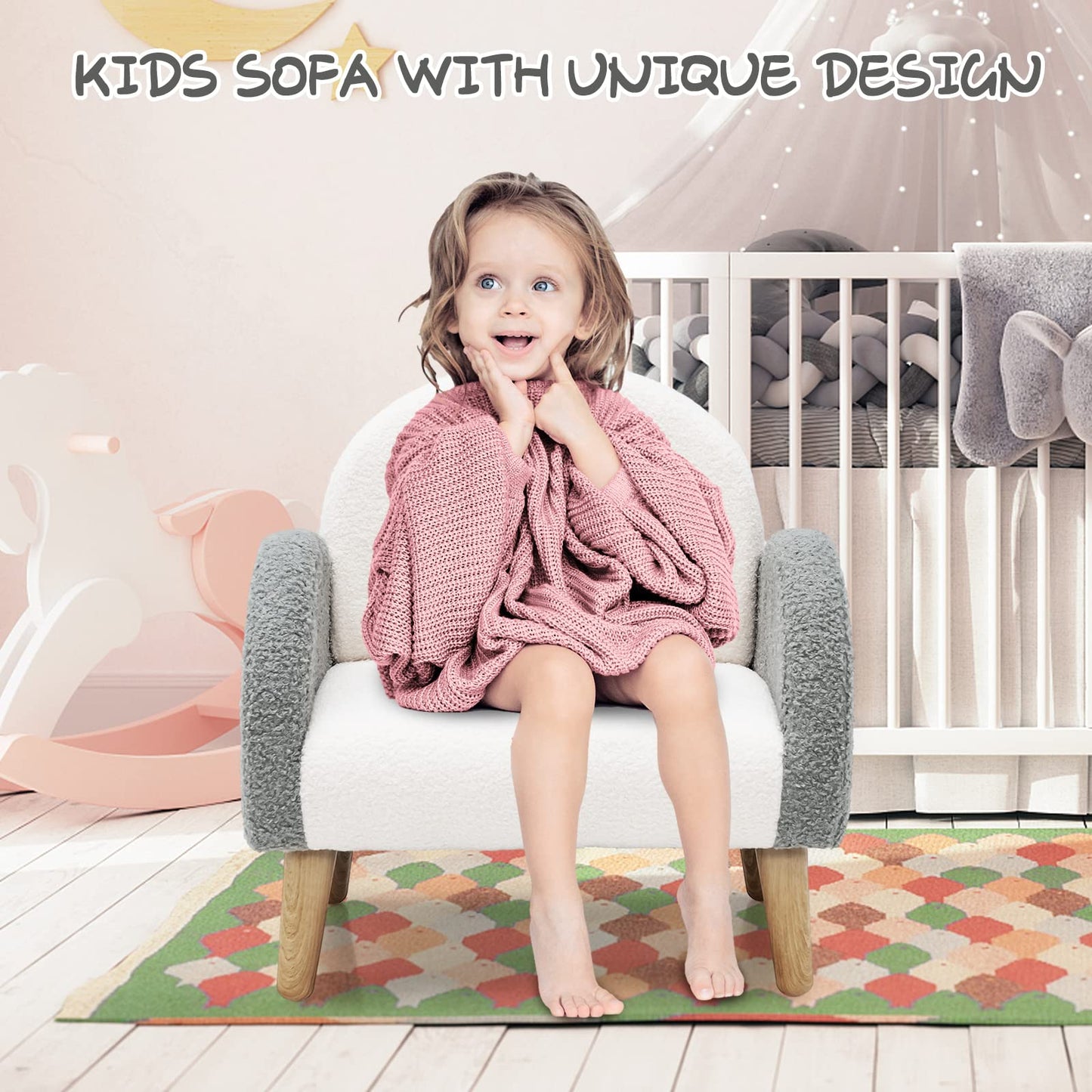 INFANS Kids Sofa, Toddler Armchair with Solid Wooden Frame Anti-Tipping Design Plush Fabric, Upholstered Children Chair for Kindergarten Playroom Preschool, Gift for Boys Girls, Toddler Couch