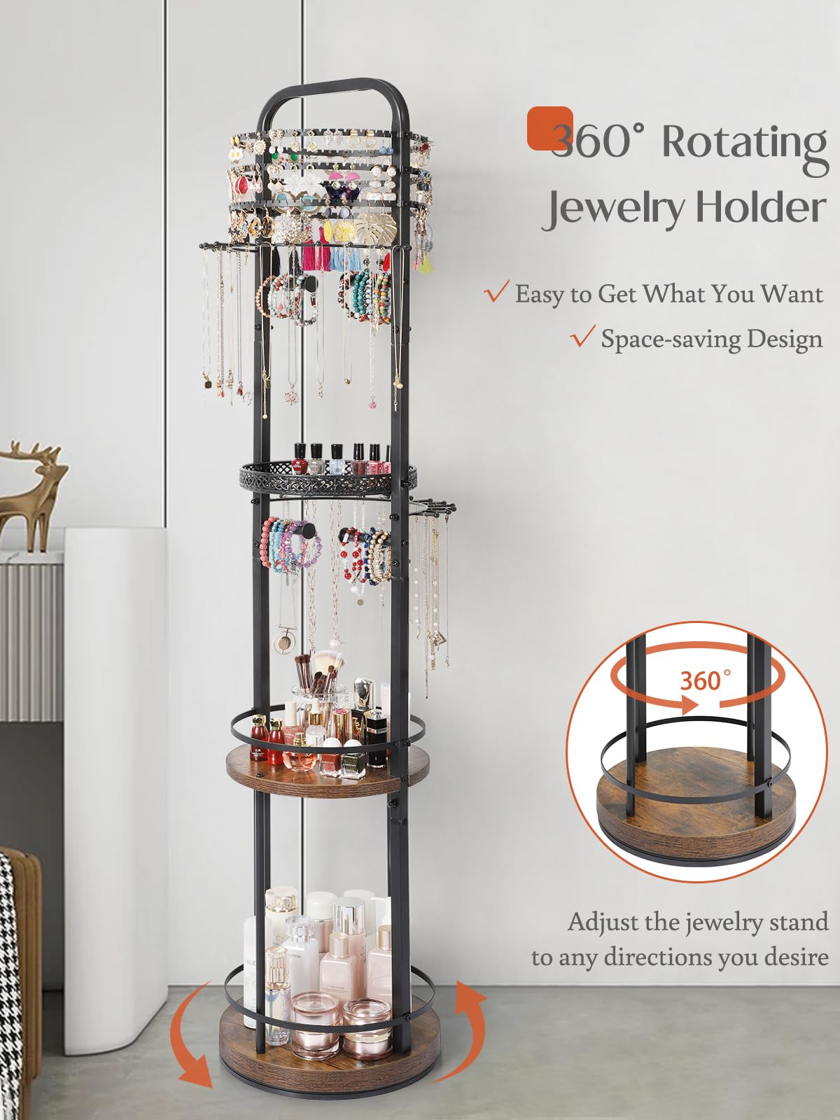 Jewelry Holder Organizer, Floor Jewelry Organizer with Earring Organizer Necklace Holder, Rotating Jewelry Stand Necklace Display Earring Storage, Large Hanging Jewelry Tree for Jewlery Bracelet Ring