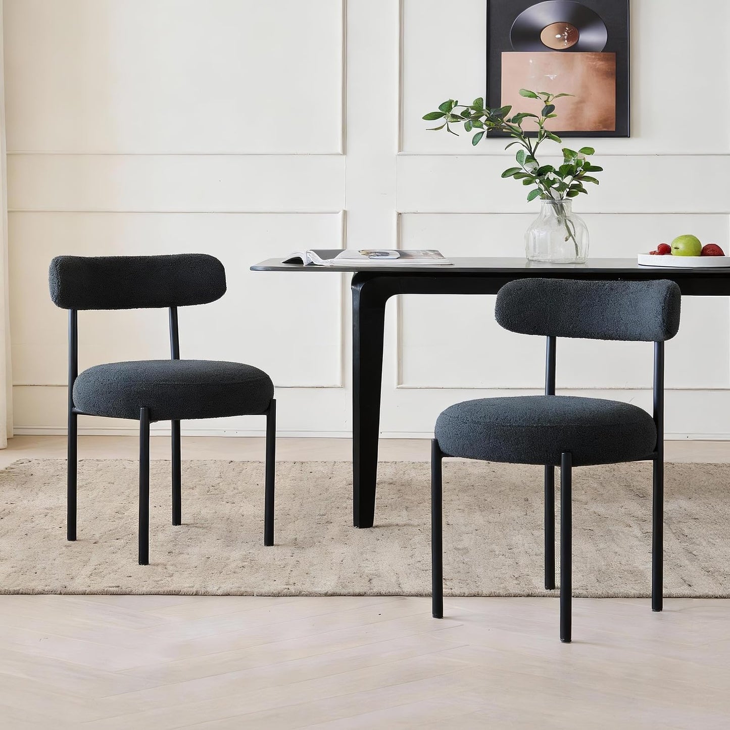 khumllo Dining Chairs Set of 2, Boucle Upholstered Modern Mid Century Round Kitchen Chairs with Curved Backrest & Metal Legs for Vanity, Living Room (Light Gray)