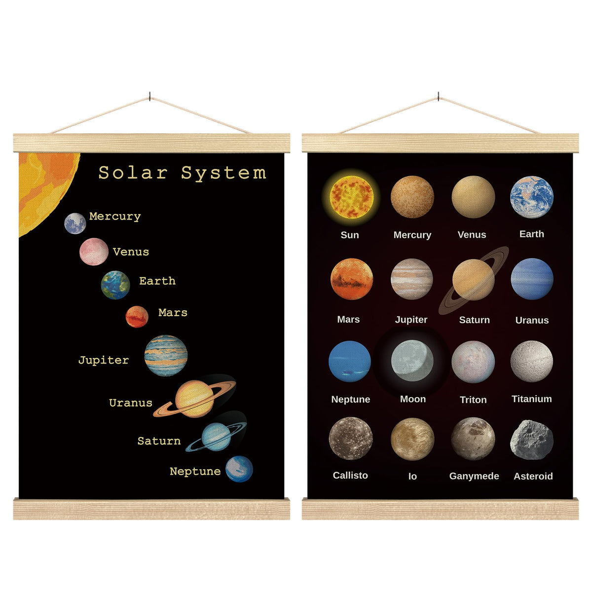 BCUANGD Space Wall Decor - Solar System Astronomy Poster Hanger with Wood Frames Set of 2, Kids Boys Educational Learning Wall Hanging Canvas Decor for Kids Room Home Playroom, 12x16 Inches