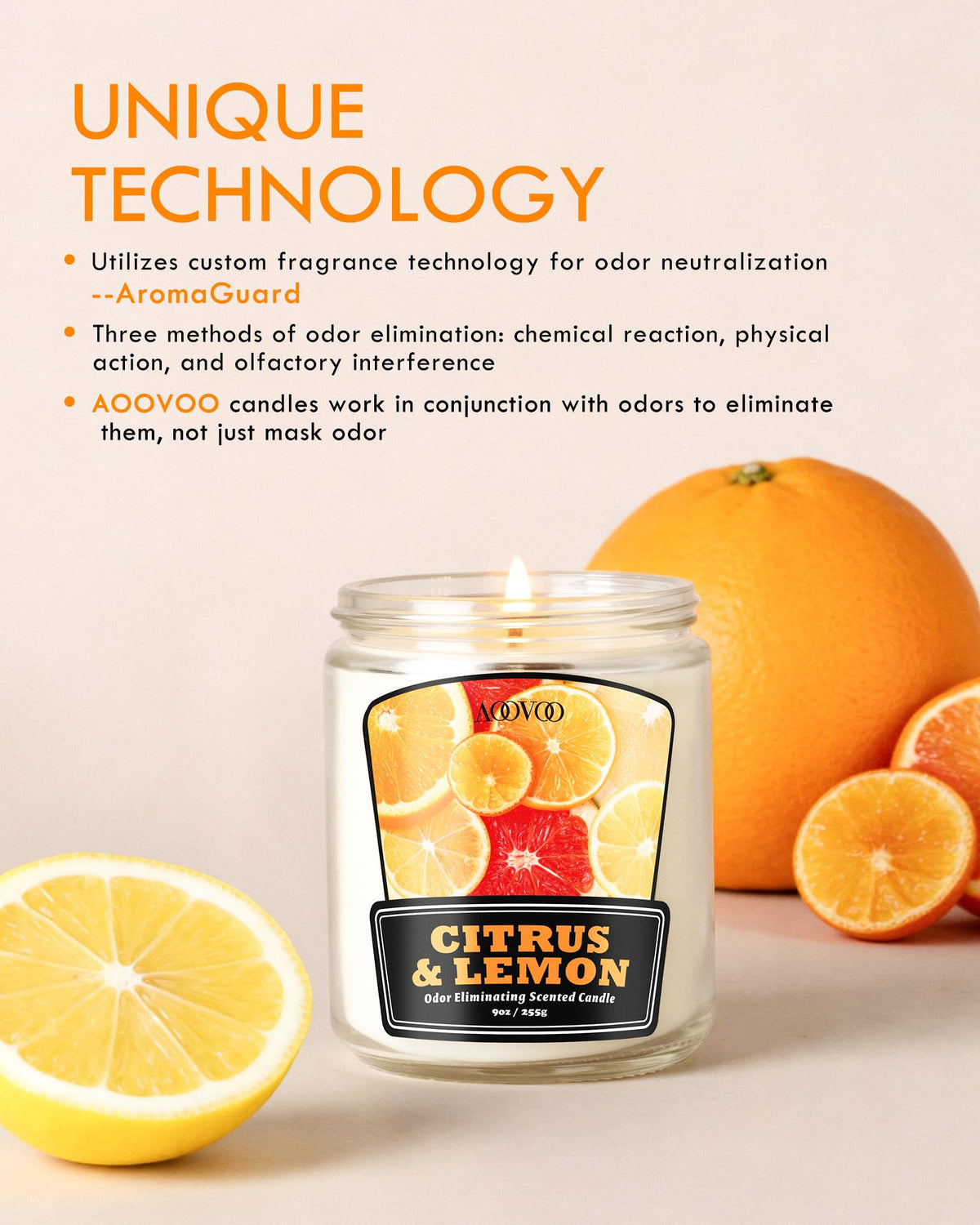 AOOVOO 4 Pack Odor Eliminating Candle - Up to 200 Hours Burn time, Eliminates 95% of Pet, Smoke, Food, and Other Smells Quickly, 36 oz Non Toxic Highly Fragranced Air Freshing Soy Candle