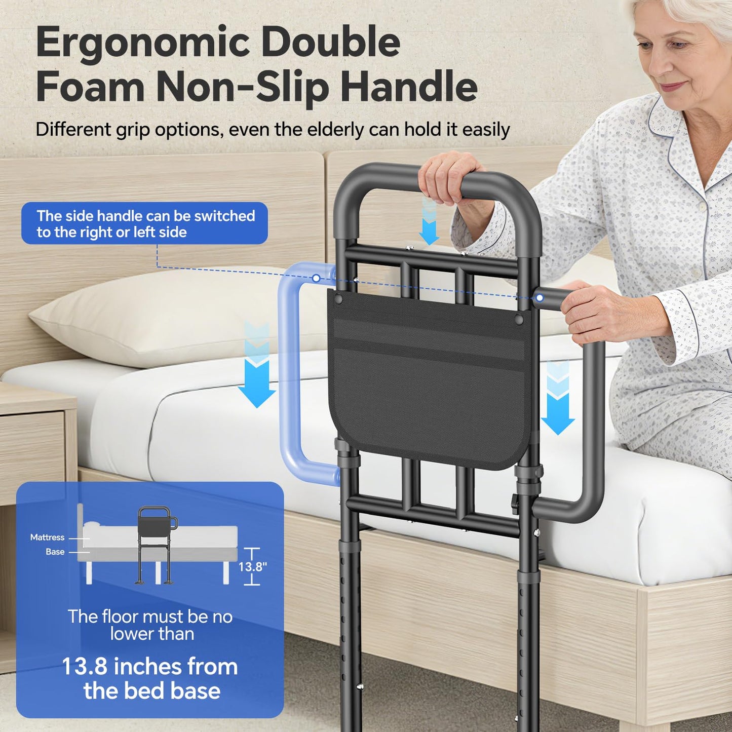 JNALIRC Bed Rails for Elderly Adults Safety with Non-Slip Handle，Adjustable Bed Assist Rail, ASTM Approved, 400 lb Capacity, Fixing Strap & Storage Pocket, Fits Twin/Full/Queen/King