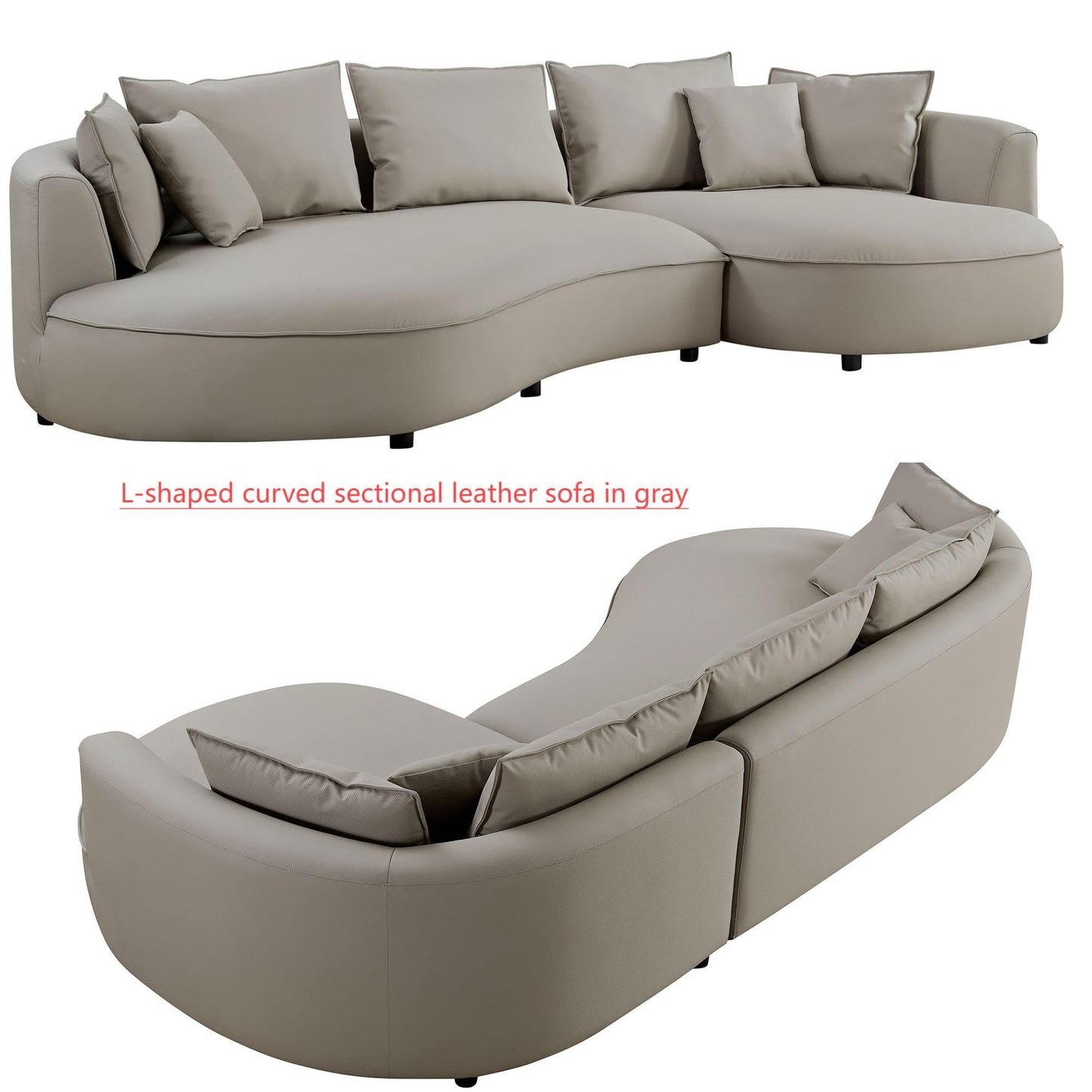 BBTJOINT Modern Curved Sectional for Living Room,Minimalist Design deep seat,Grey Bonded Leather Upholstered,L Shape Round Couch, Modern semicircualr Sofa
