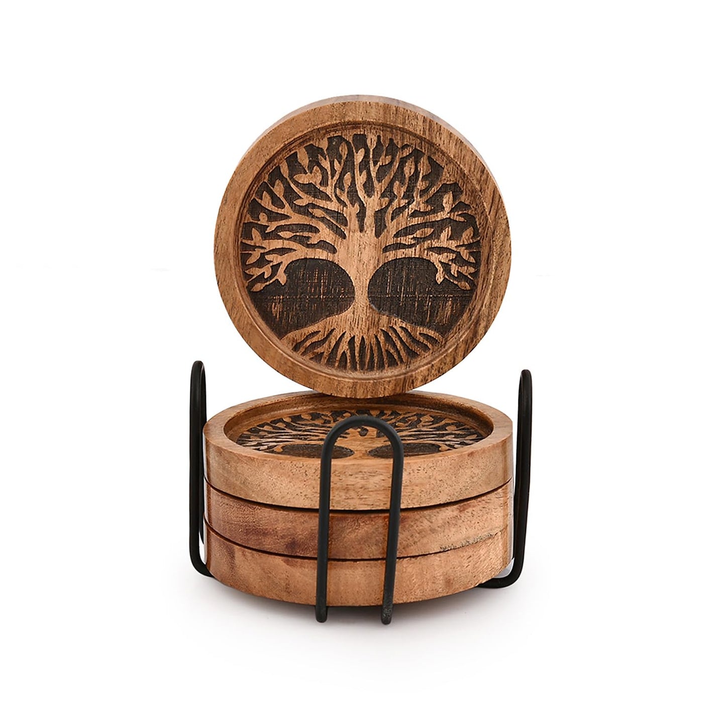 Kaizen Casa Coasters Set of 4 Acacia Wood Round Wooden Tree of Life Coasters for Drinks with Iron Holder for Modern Home Decor, Home Dining Table Décor (4" X 4" X 0.5)