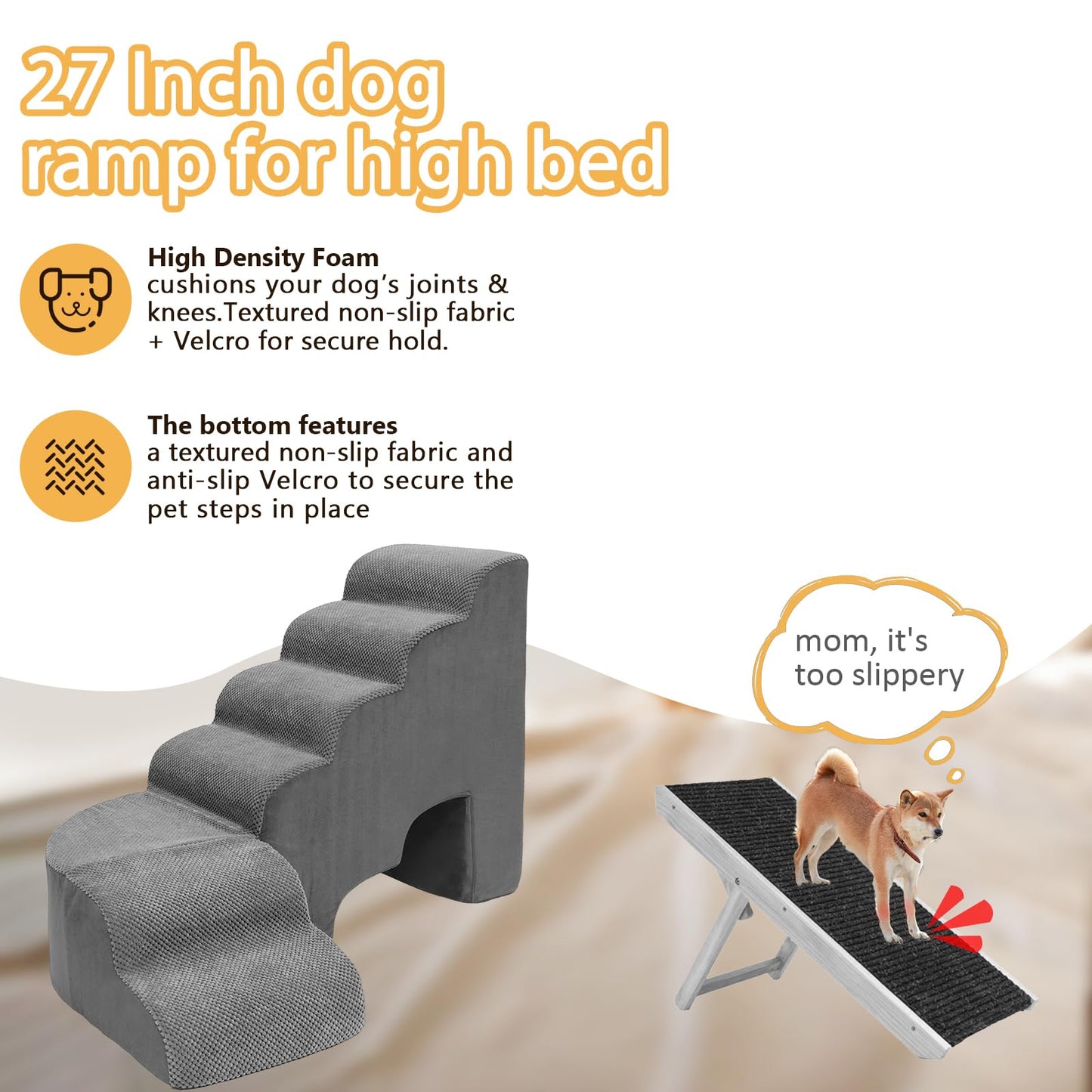 Dog Stairs for High Beds, 6 Steps Soft Foam Pet Stairs for Bed 27-30 inches, L Shaped Dog Steps, Non-Slip Sturdy Pet Stairs, 30D Foam Doggie Ramp for Small/Large Dogs/Old Cats