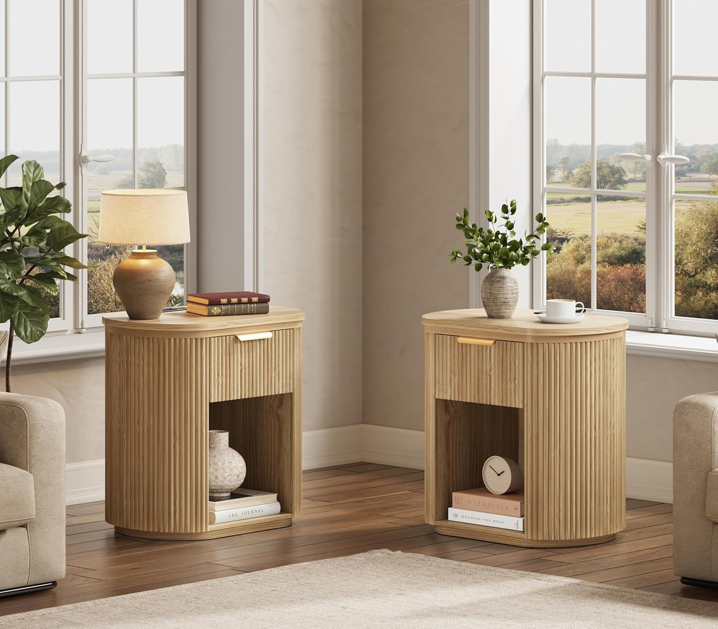 Fluted Nightstands Set of 2 with Charging Station, 23.6" Large Bedside Side Table, Wood End Table with Drawer Storage, Curved Round Corner, Furniture Bedroom Sofa, Mid Century Modern, Farmhouse, Oak