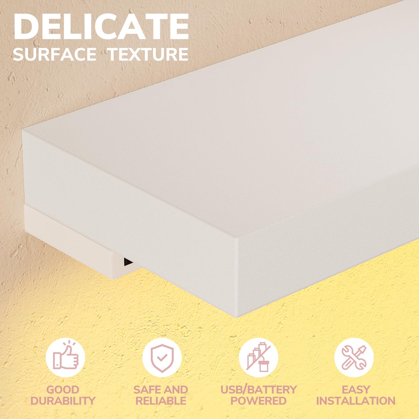 BAMEOS Floating Shelves with LED Lights, 31" White Wall Mounted Wooden Shelves with Invisible Brackets, Set of 2, Hanging Wall Shelves for Bedroom, Bathroom, Living Room and Kitchen Decoration
