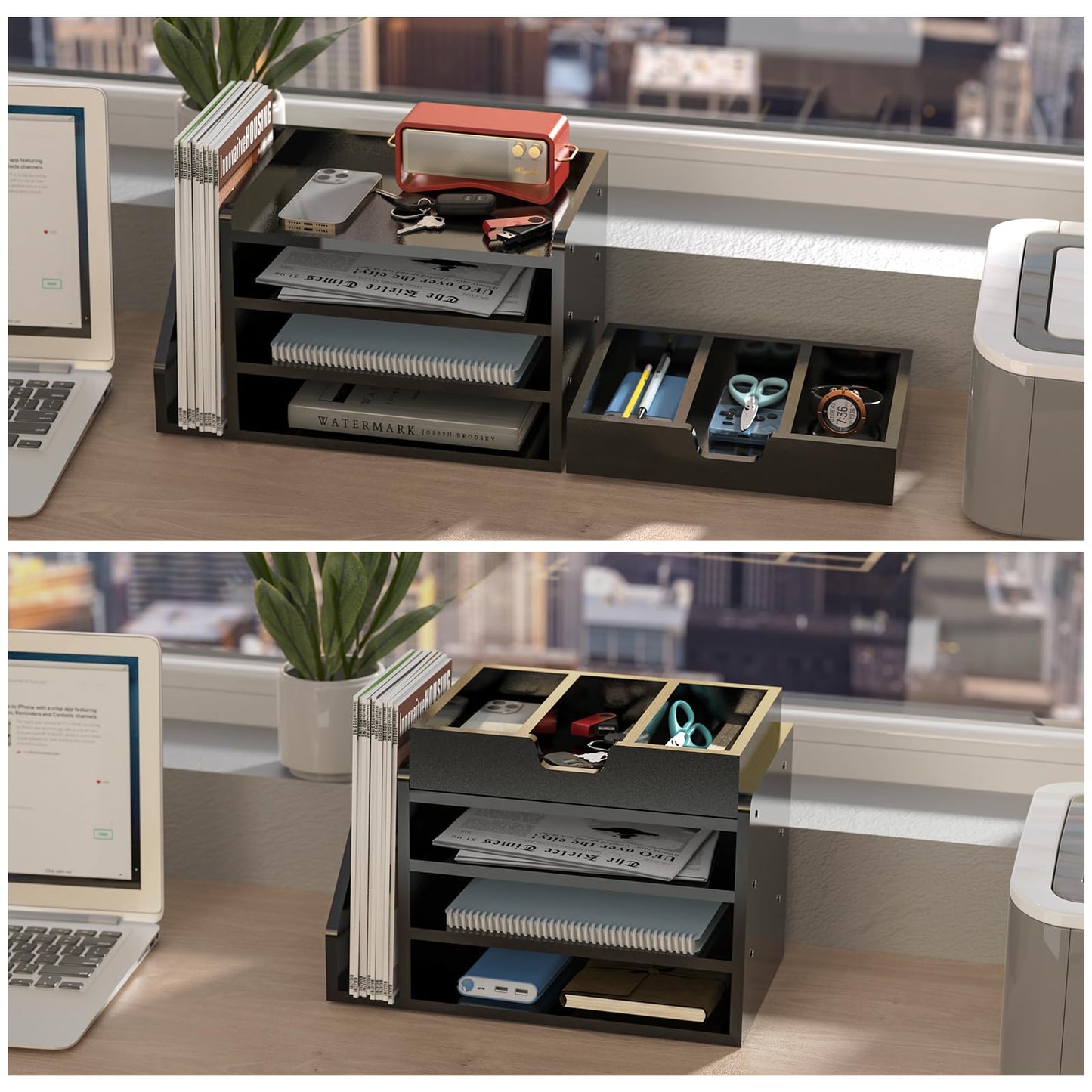 NiOffice Multi-Tier Wood Desk File Organizer, 3 Tray Shelves & Adjustable Drawer - Space-Efficient Design for Efficient Office Setup, Reduces Desk Clutter (Black)